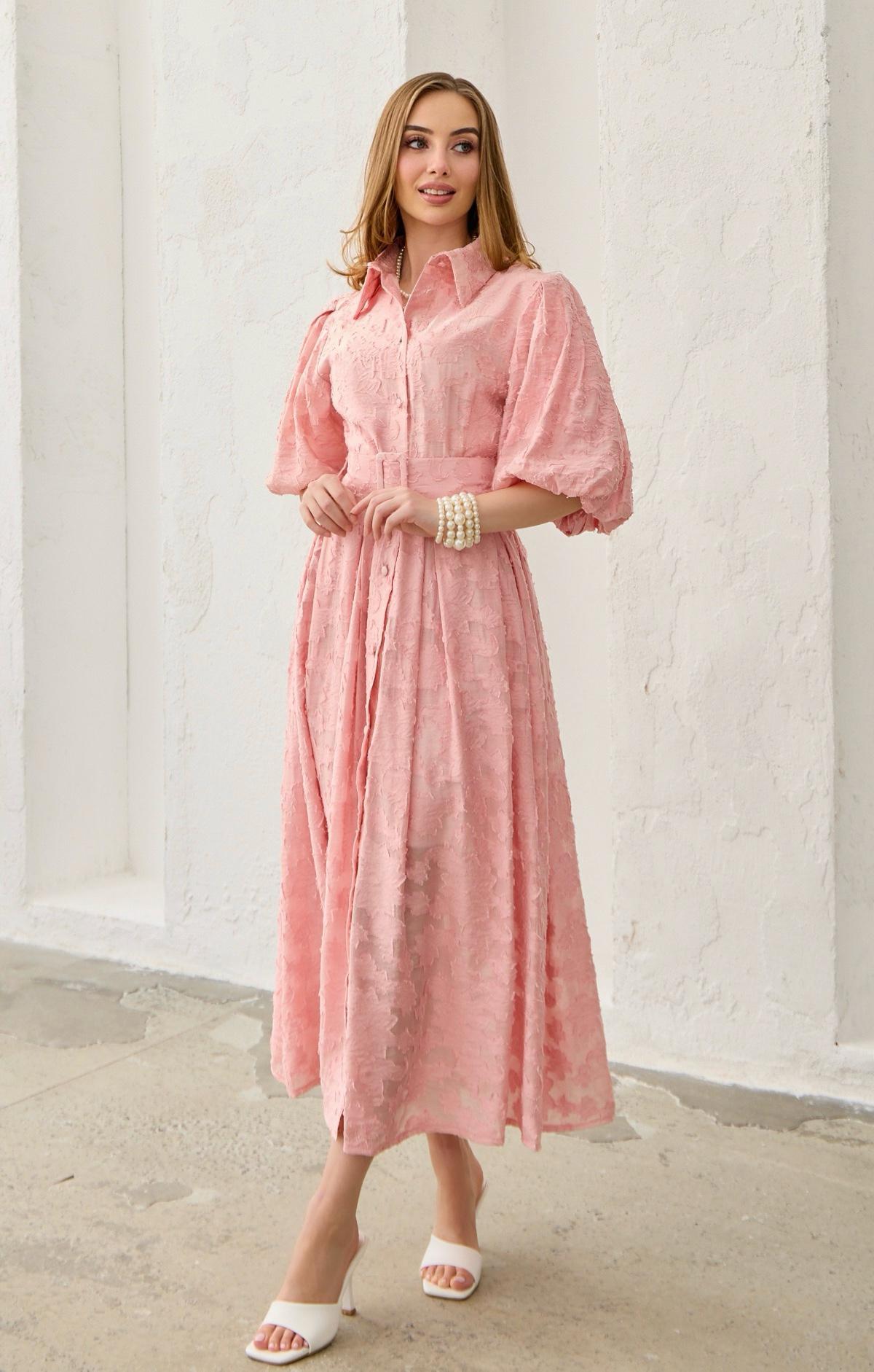 Pembe Balon Kollu Kemerli Brode Elbise