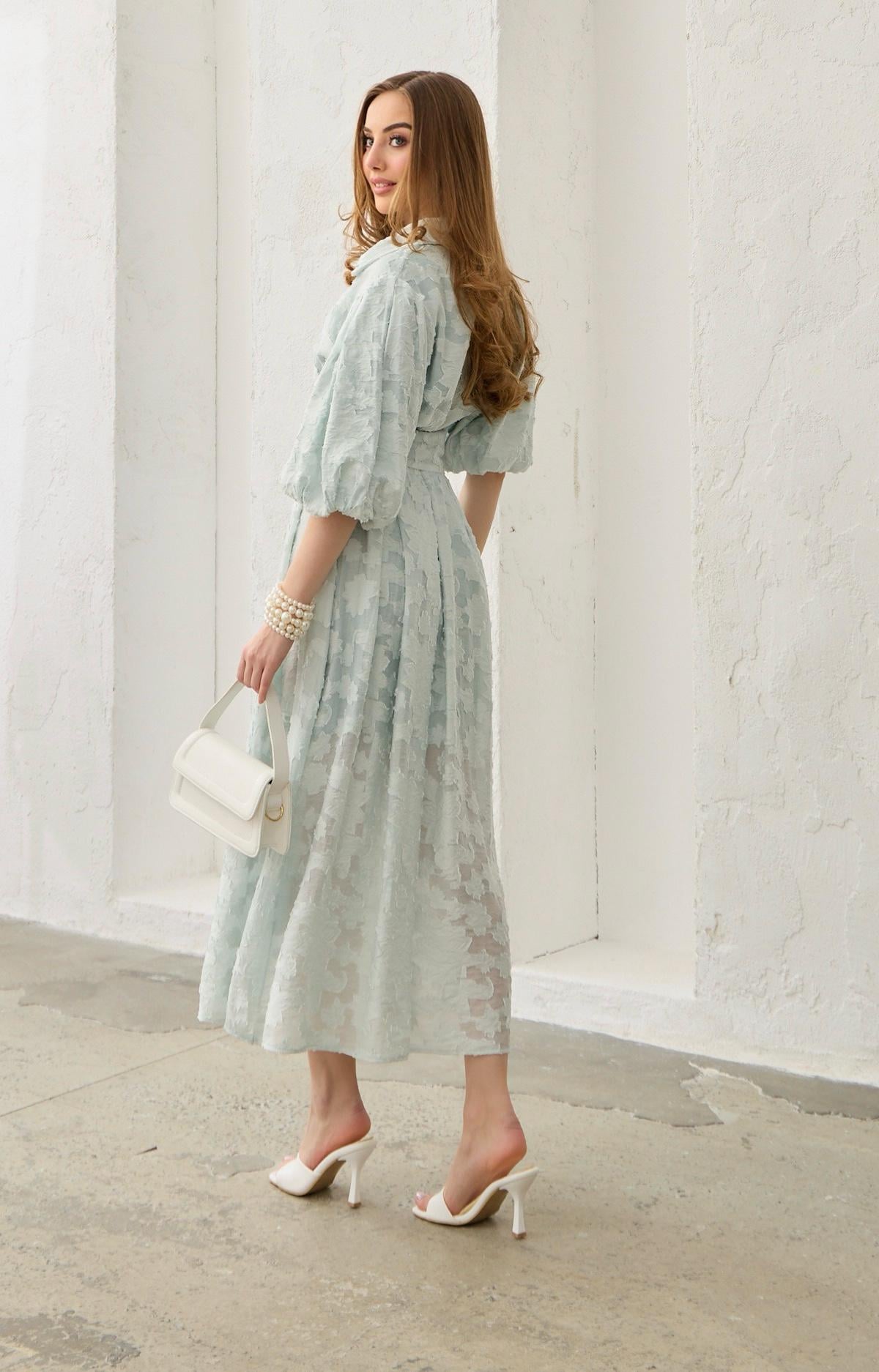 Balloon Sleeve Belted Embroidered Dress