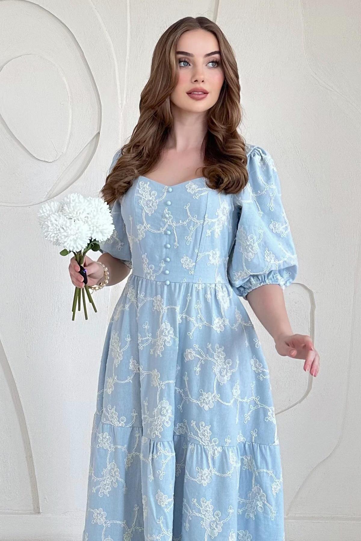 Mavi Balon Kollu İşlemeli Elbise