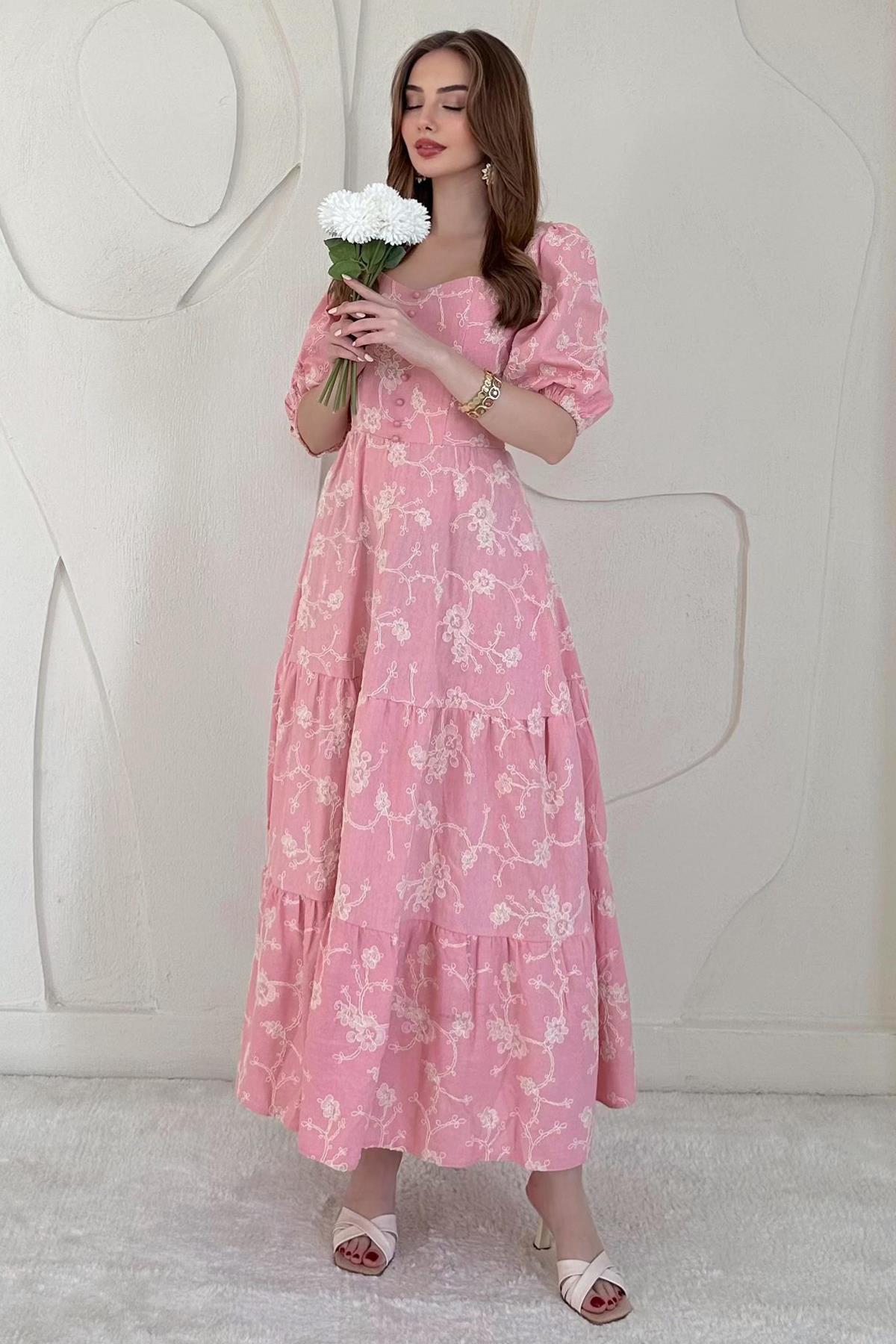 Pembe Balon Kollu İşlemeli Elbise