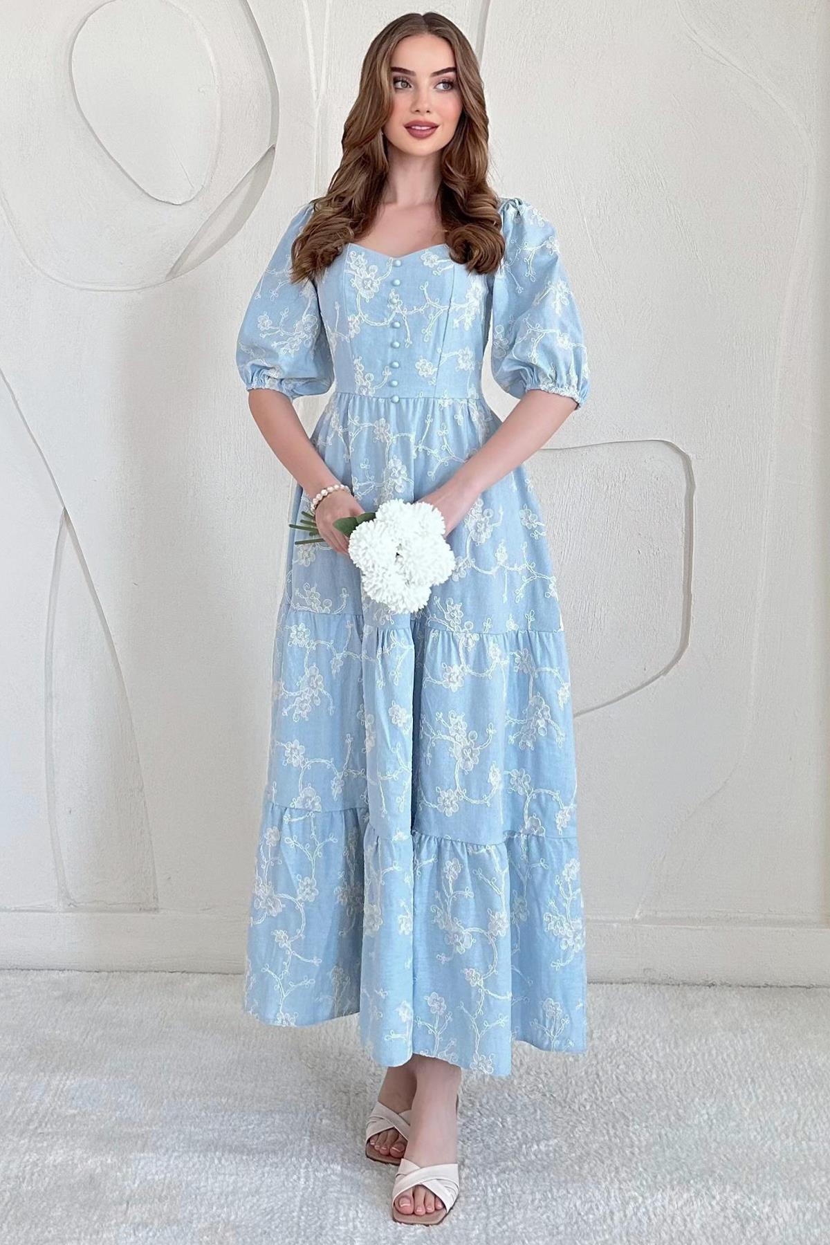 Mavi Balon Kollu İşlemeli Elbise