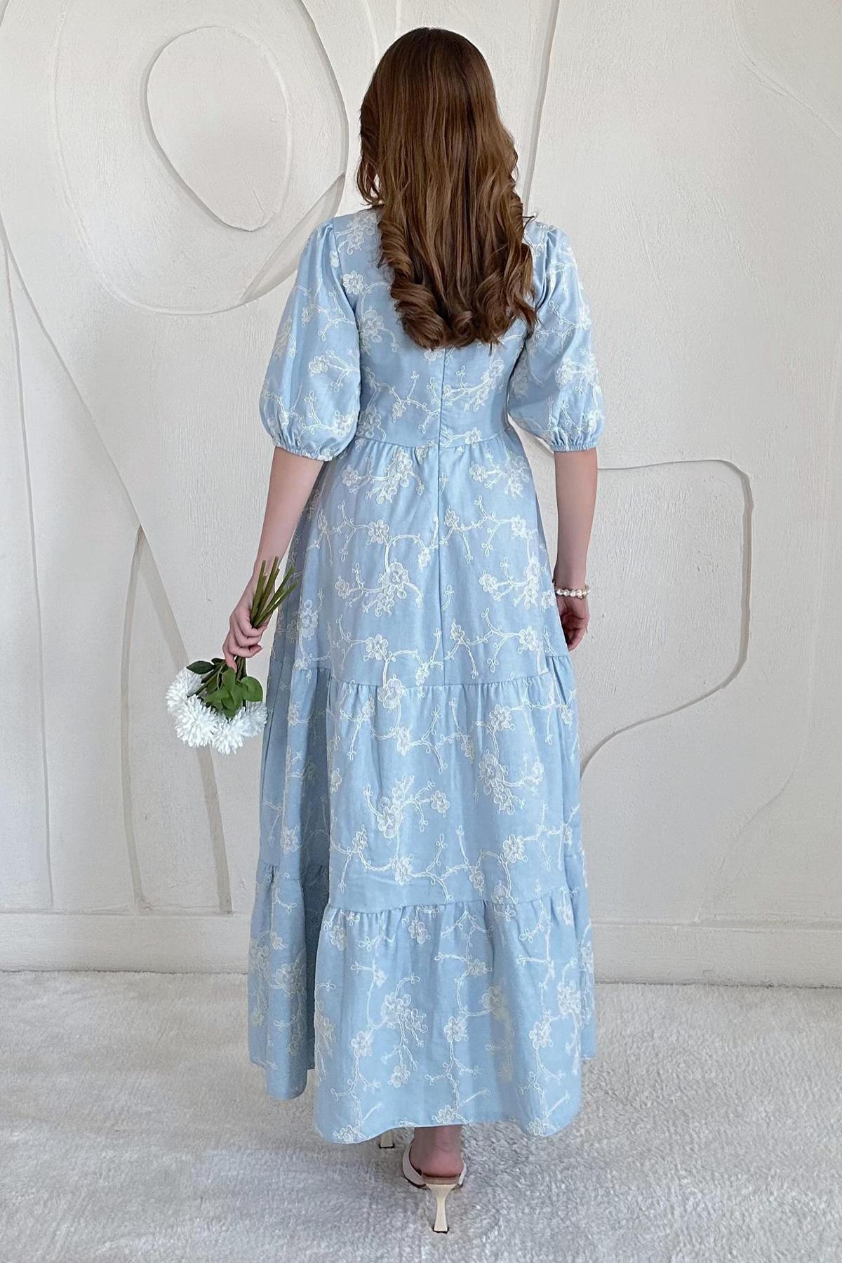Mavi Balon Kollu İşlemeli Elbise