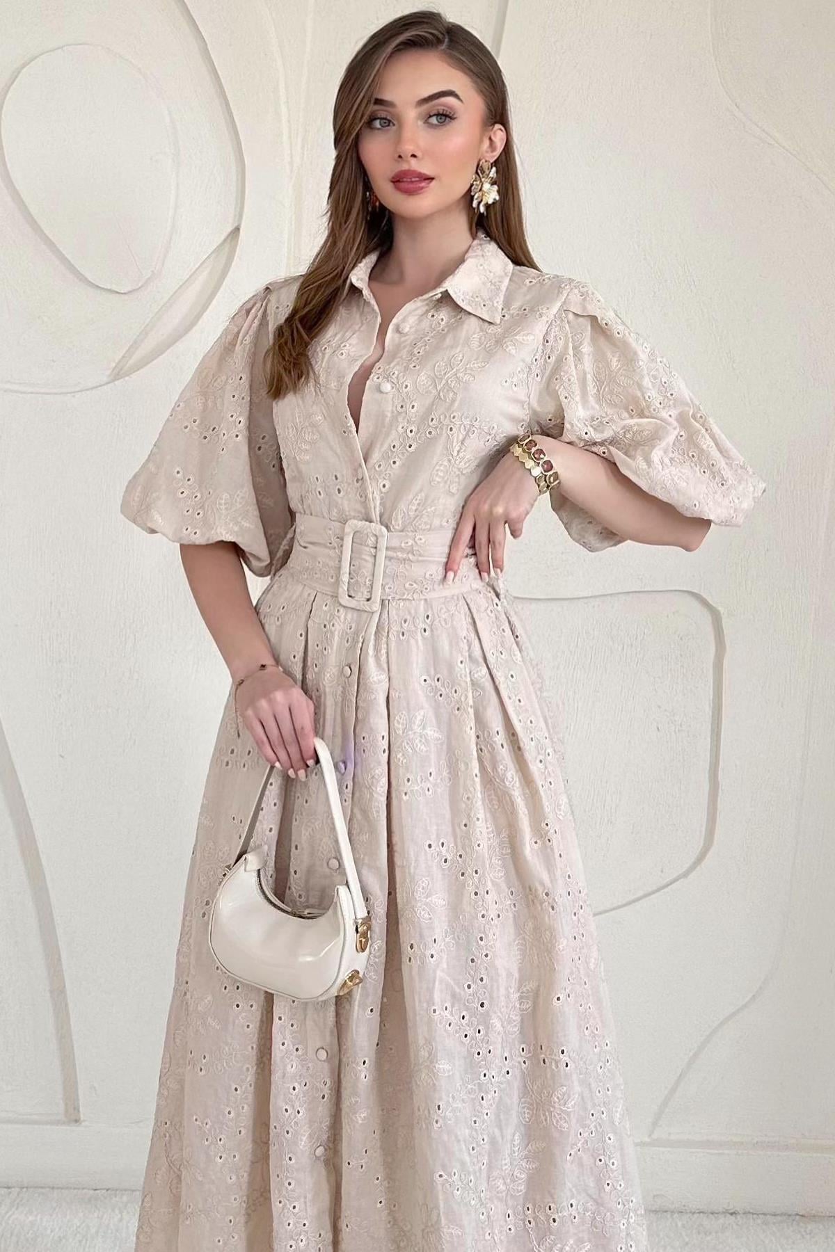 Bej Balon Kollu Pileli Elbise