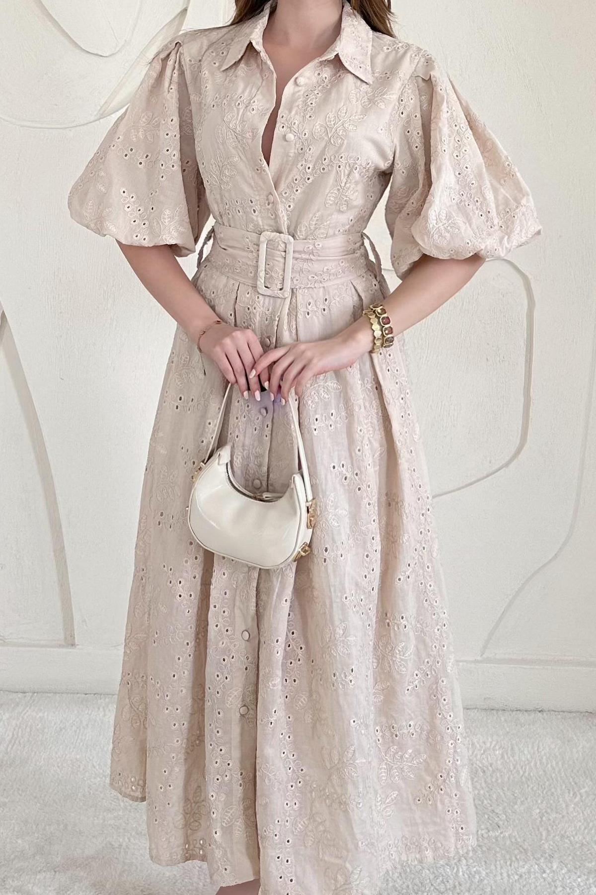 Bej Balon Kollu Pileli Elbise