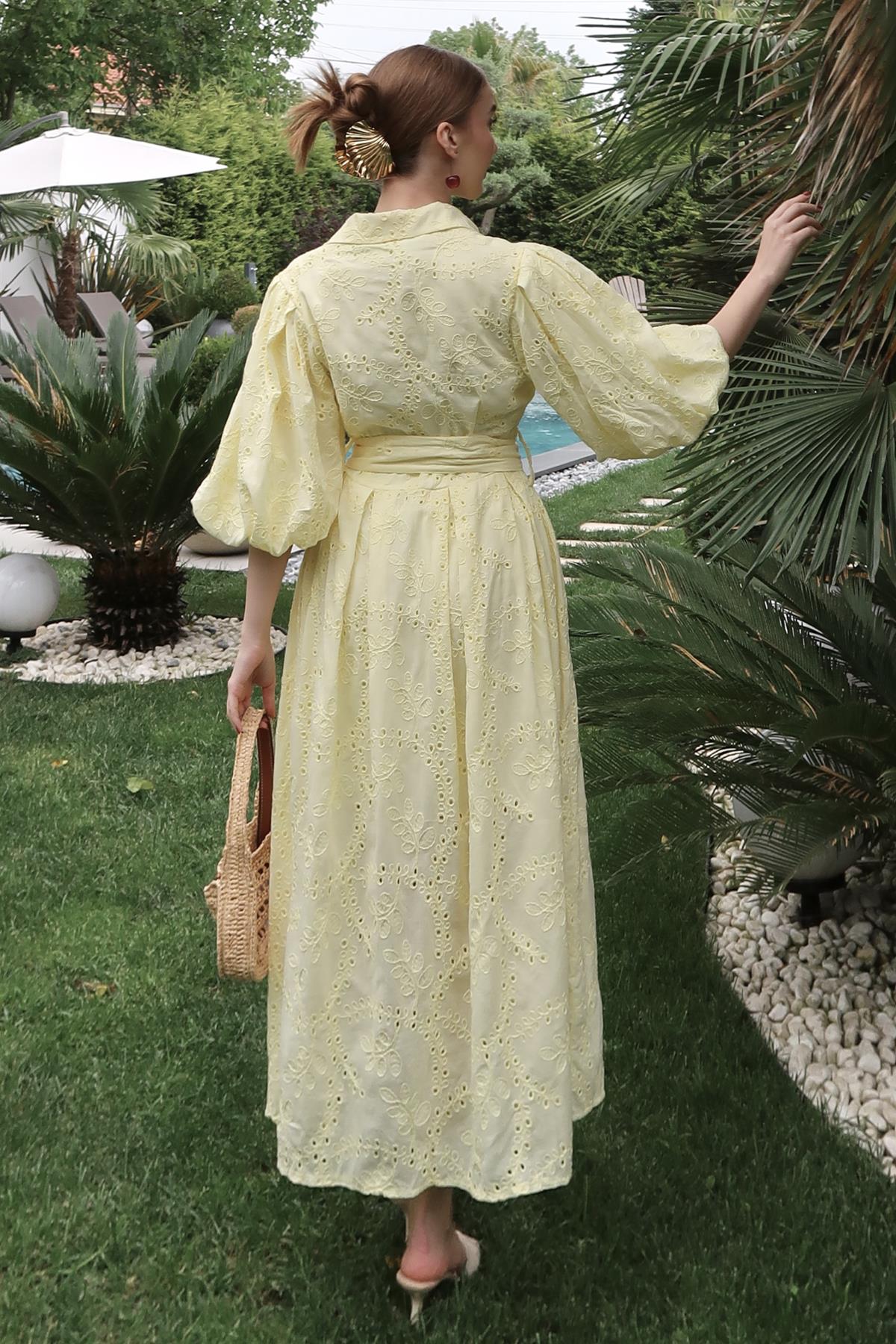 Sarı Balon Kollu Pileli Elbise