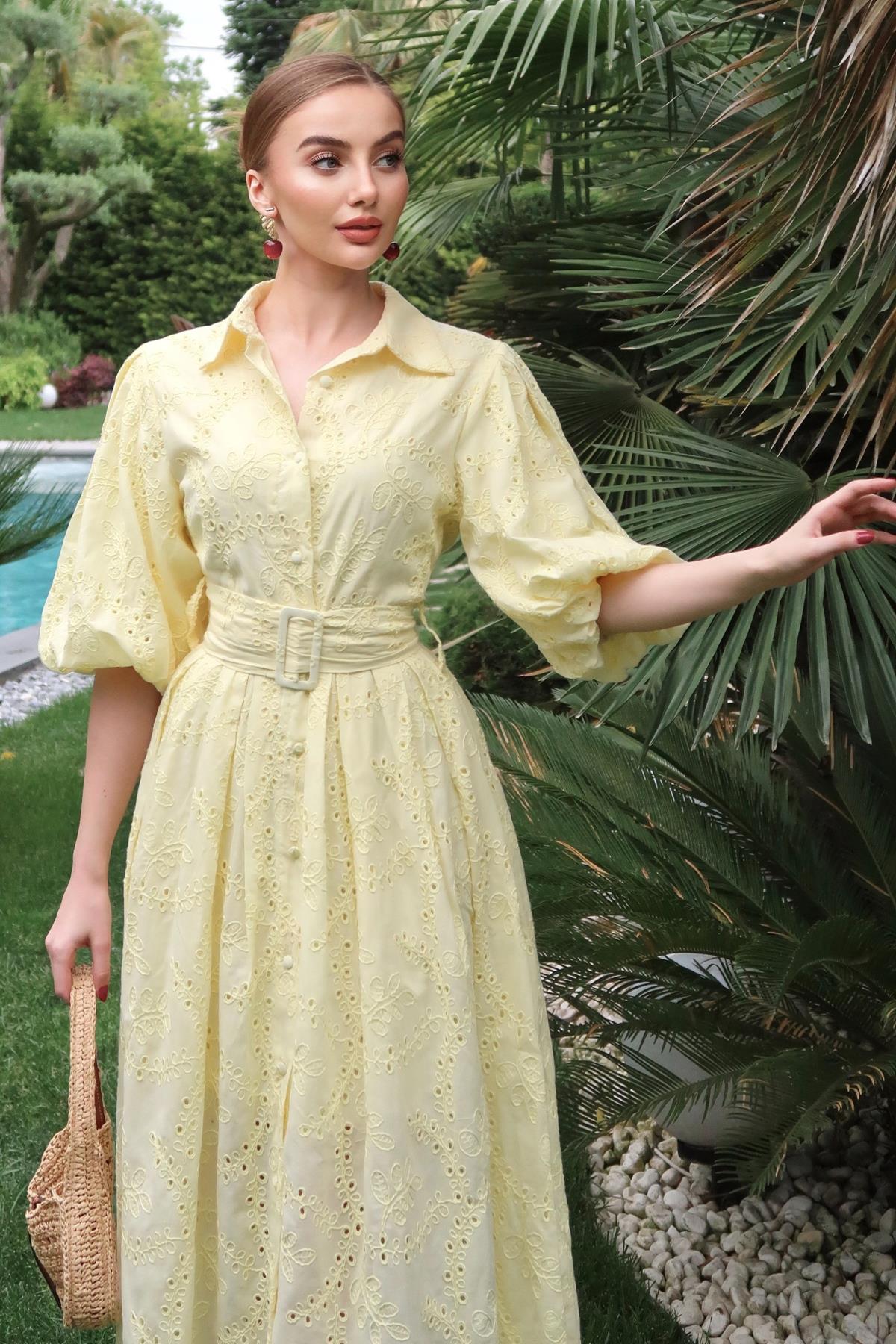 Sarı Balon Kollu Pileli Elbise