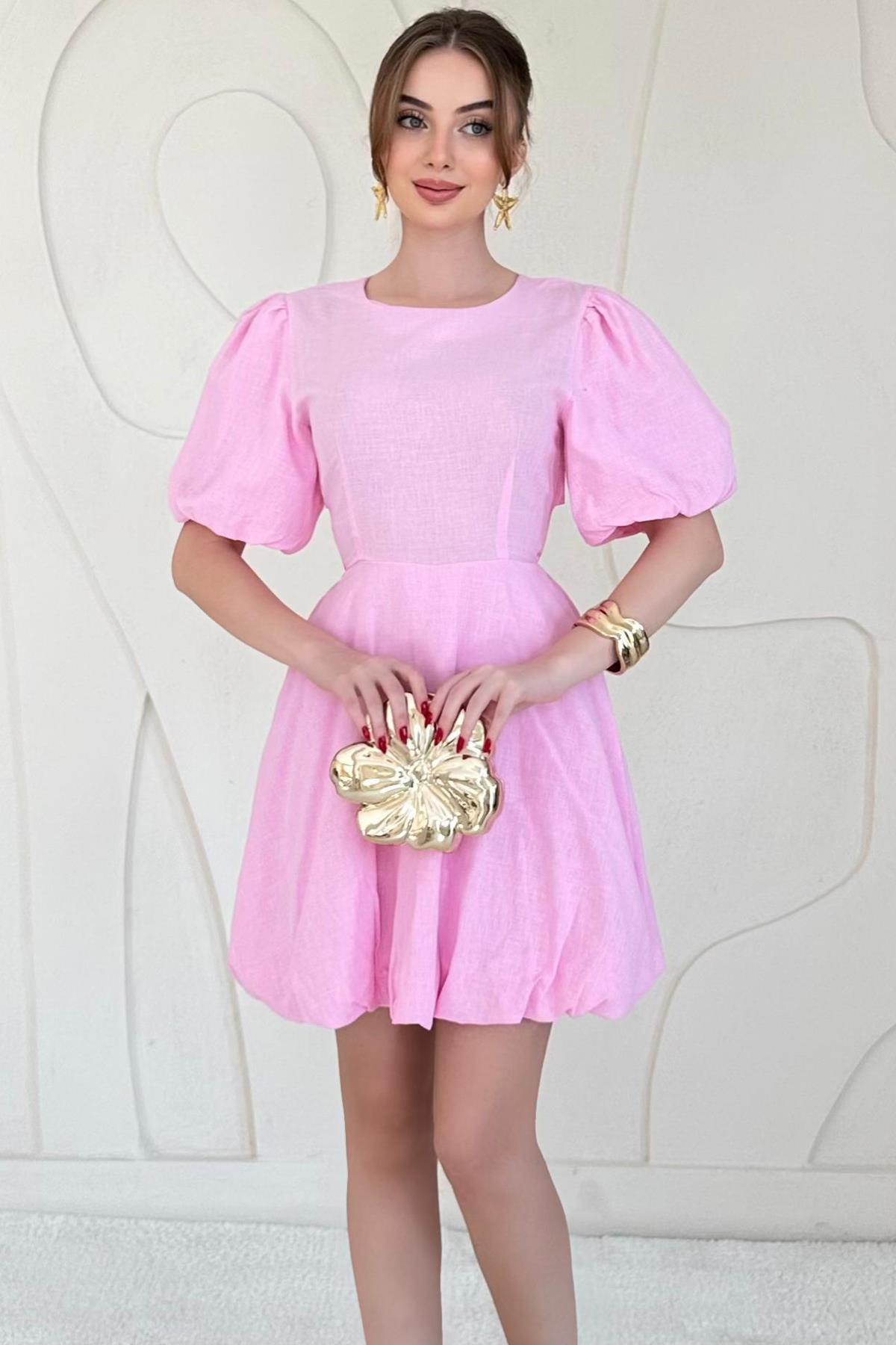 Pembe Balon Kollu Sırt Bağlama Detaylı Keten Elbise