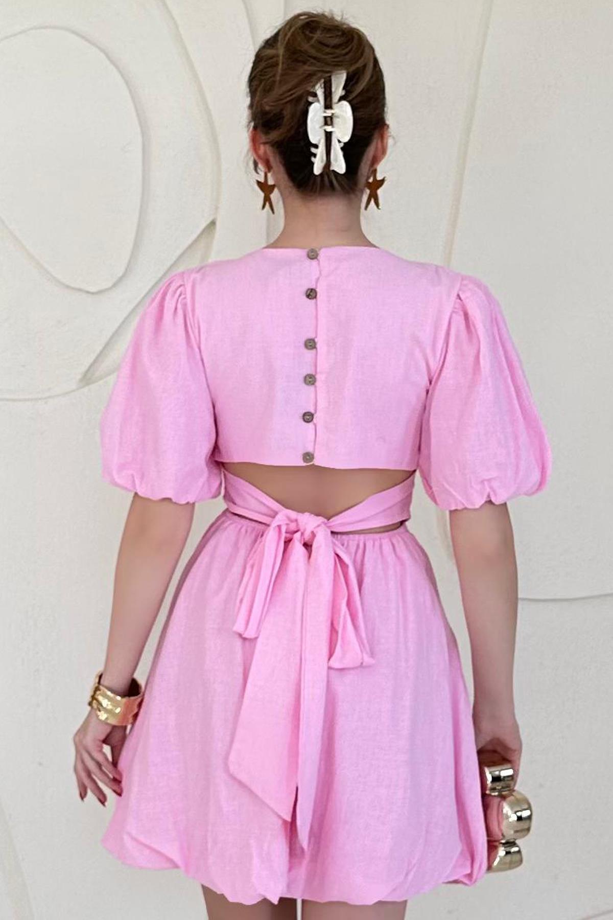 Pembe Balon Kollu Sırt Bağlama Detaylı Keten Elbise