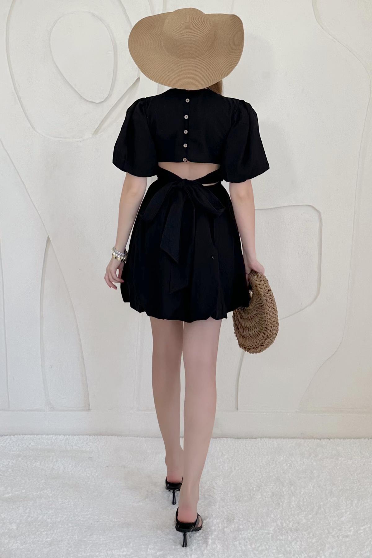 Siyah Balon Kollu Sırt Bağlama Detaylı Keten Elbise