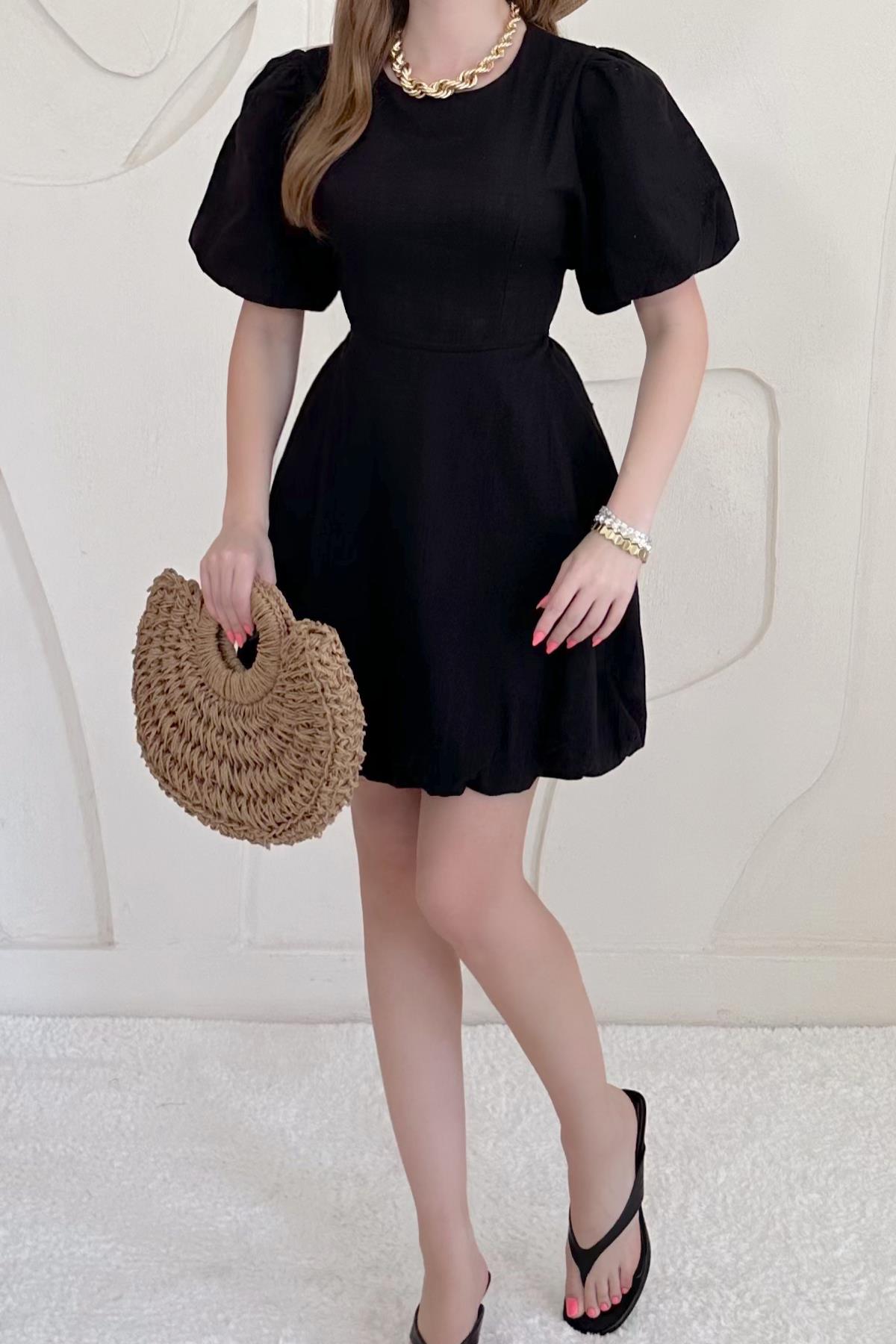 Siyah Balon Kollu Sırt Bağlama Detaylı Keten Elbise