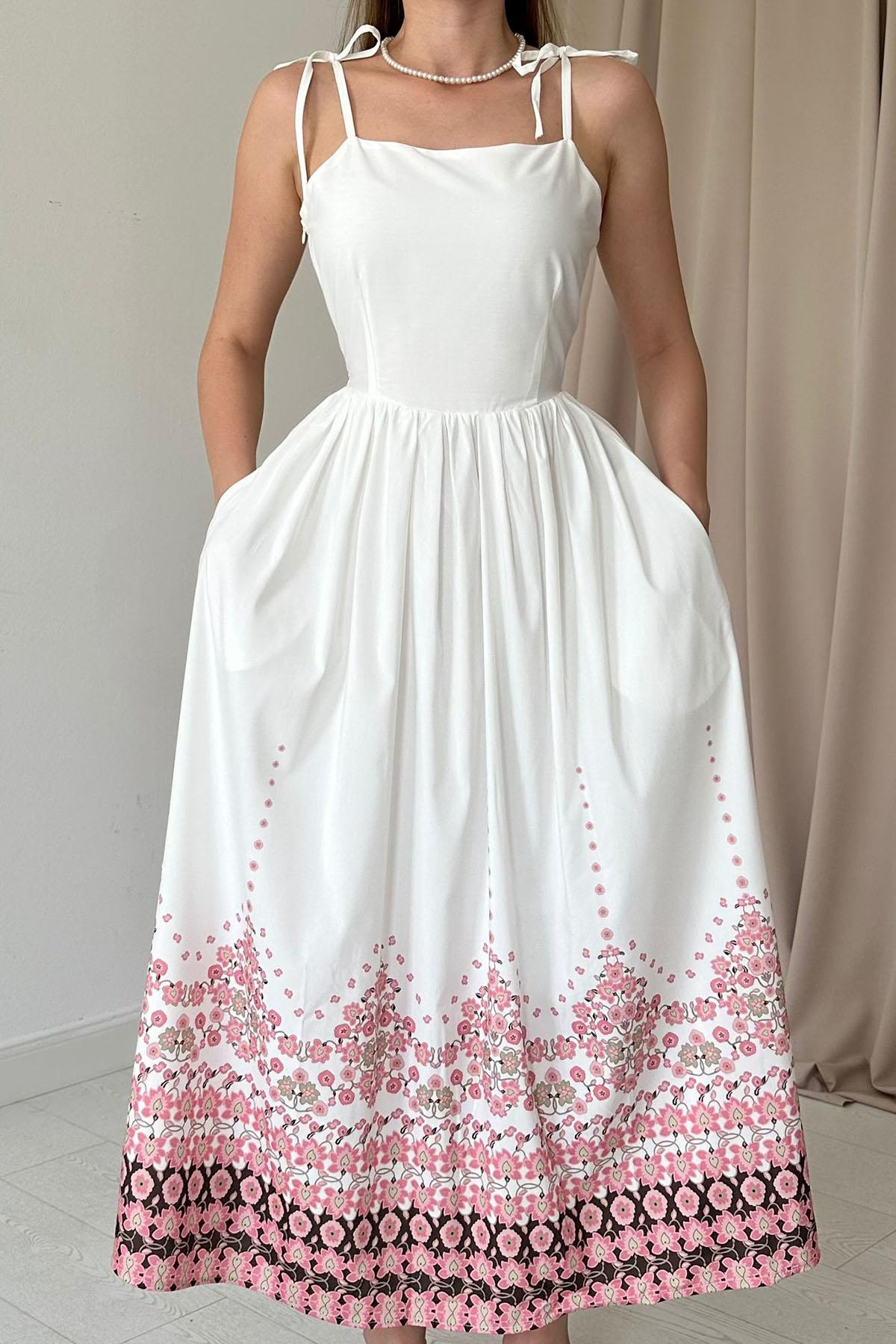 Beyaz Baskı Detaylı Askılı Elbise