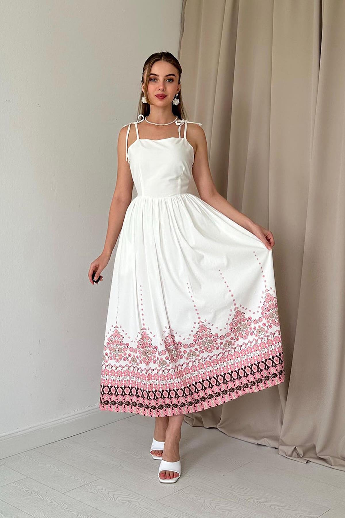 Beyaz Baskı Detaylı Askılı Elbise