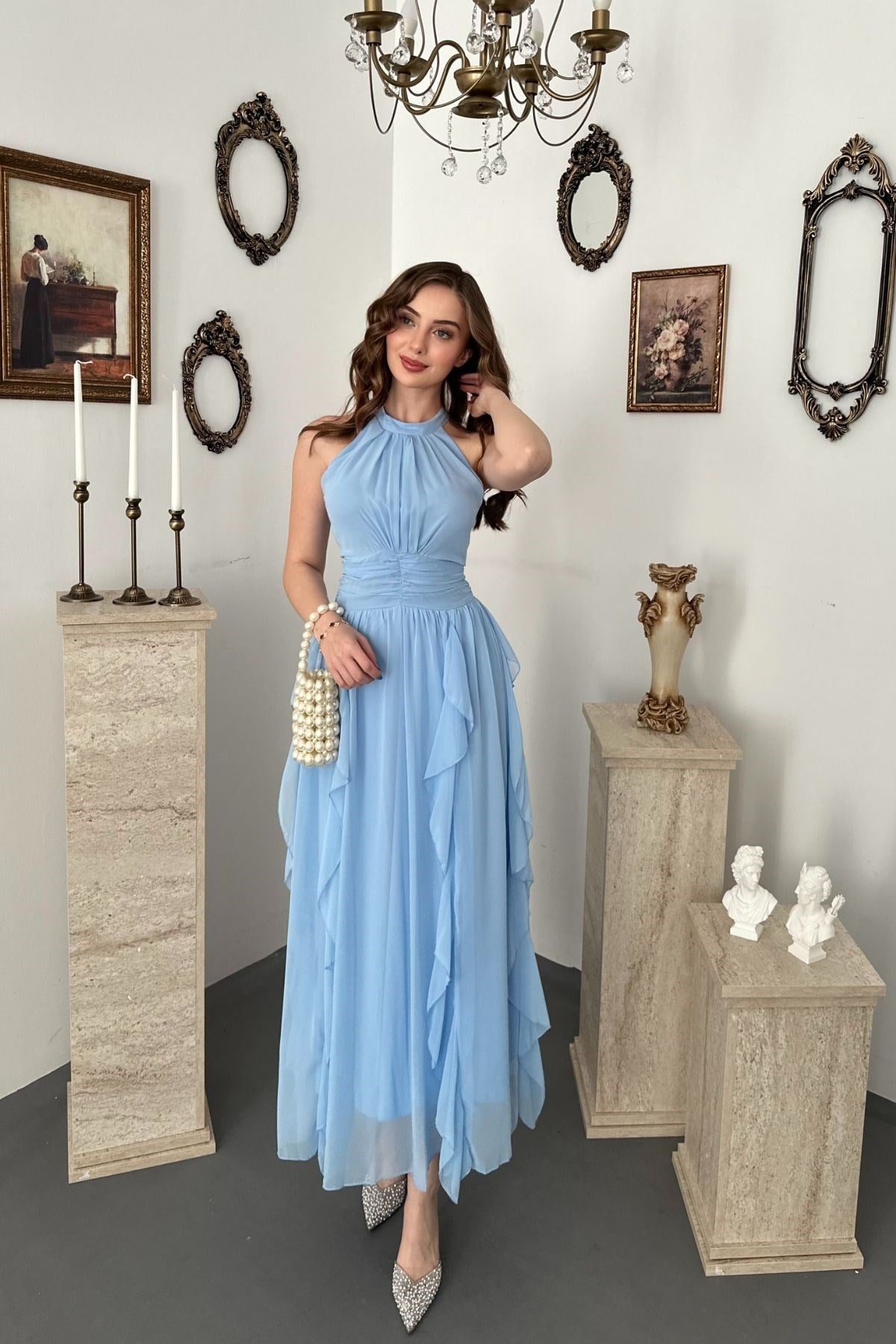 Bebe Mavi Halter Yaka Astarlı Elbise