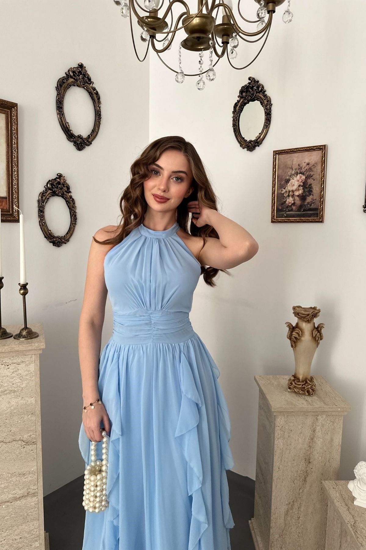 Bebe Mavi Halter Yaka Astarlı Elbise