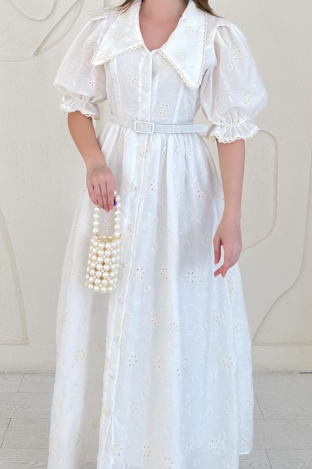 Baby Collar Balloon Sleeve Detailed Embroidered Dress