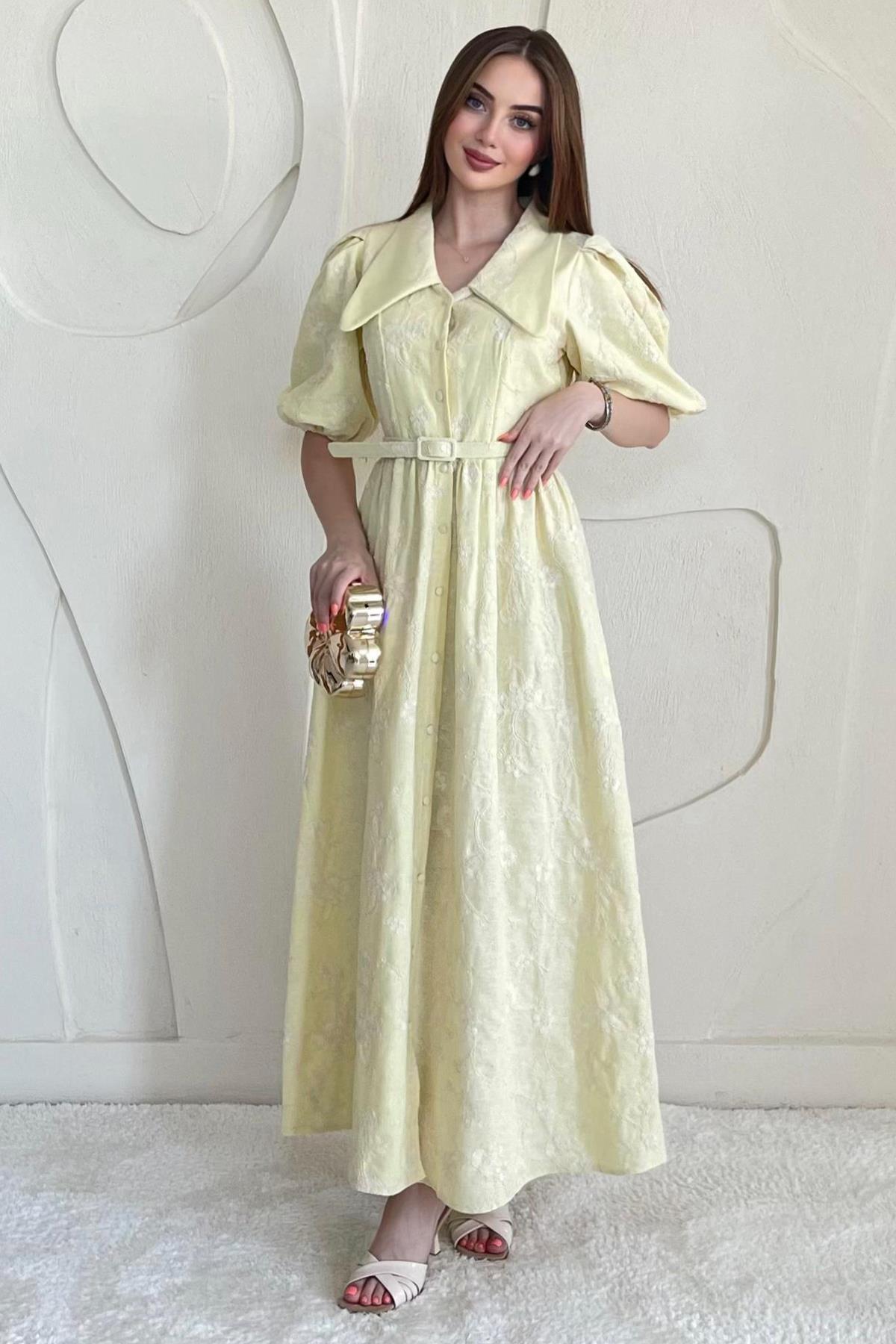 Sarı Bebe Yaka Kemer Detaylı Brode Elbise