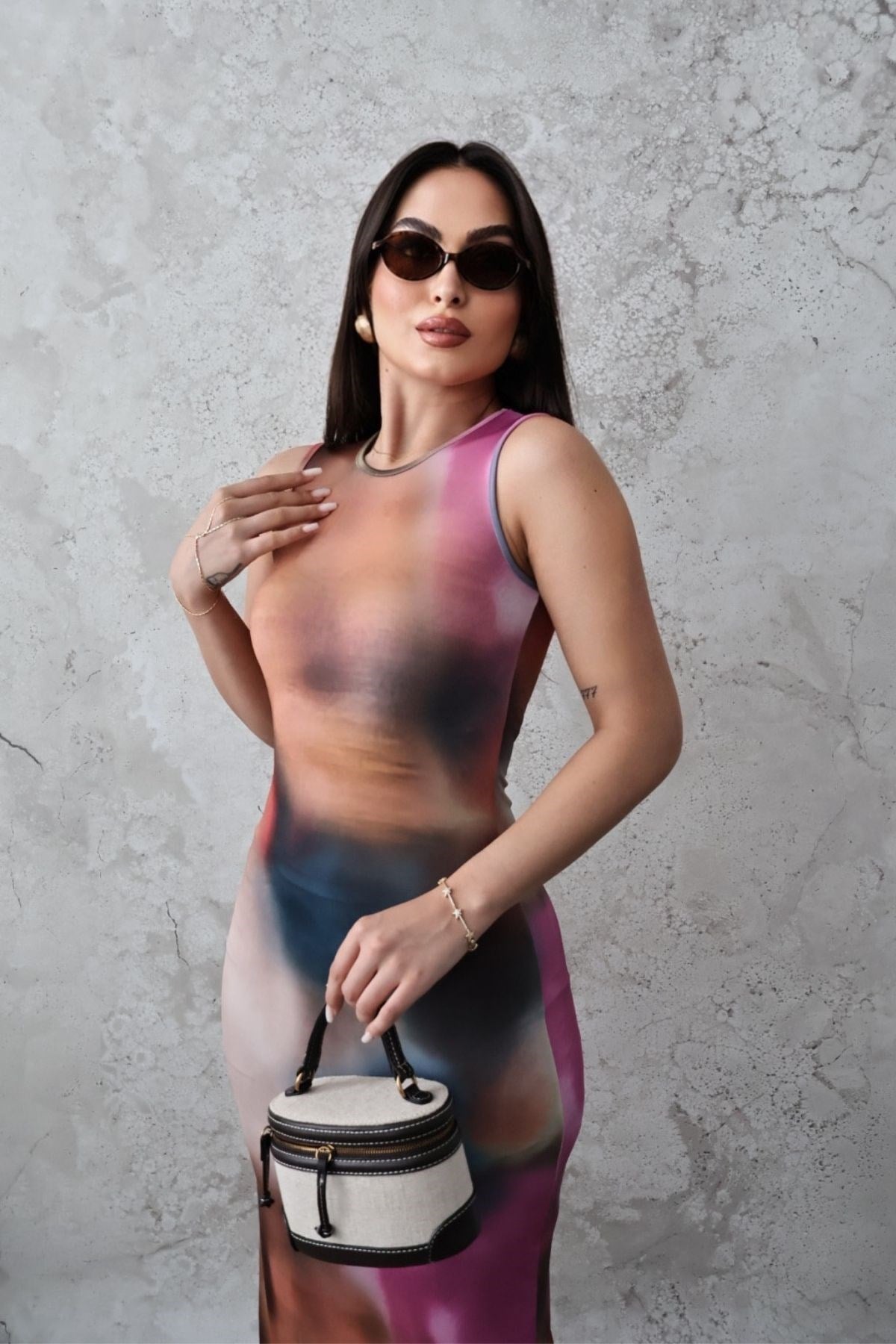 Bej Batik Desenli Elbise