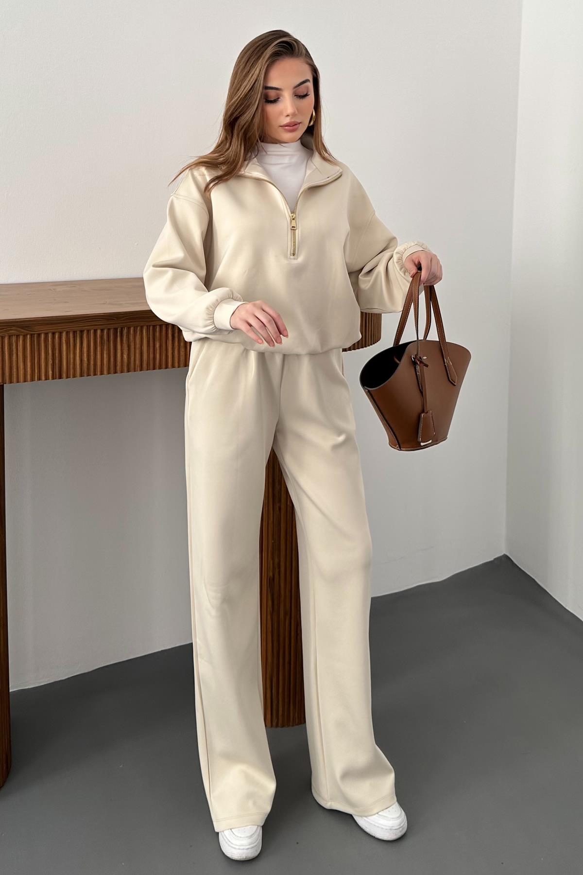 Bej Fermuar Detaylı Scuba Takım