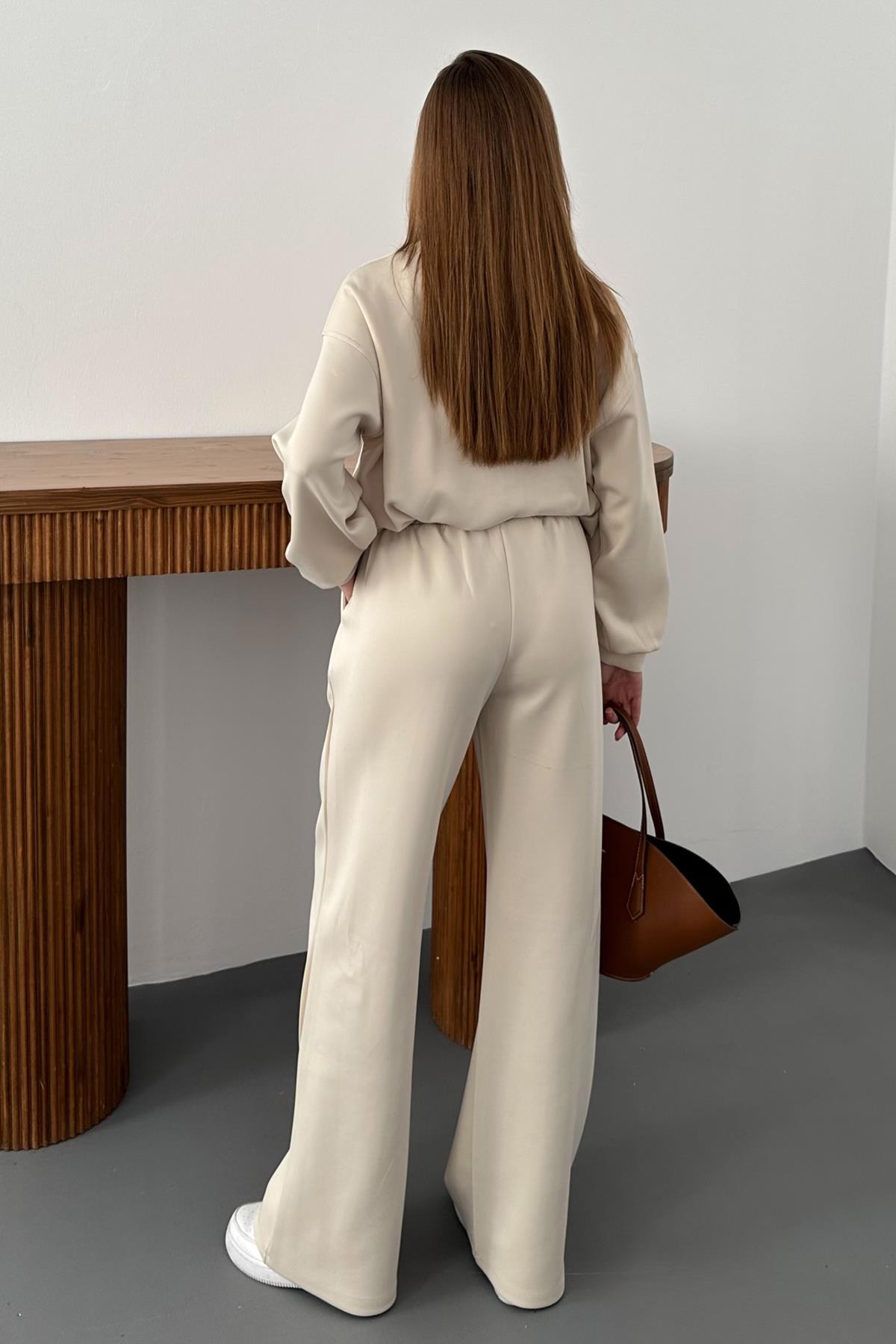 Bej Fermuar Detaylı Scuba Takım