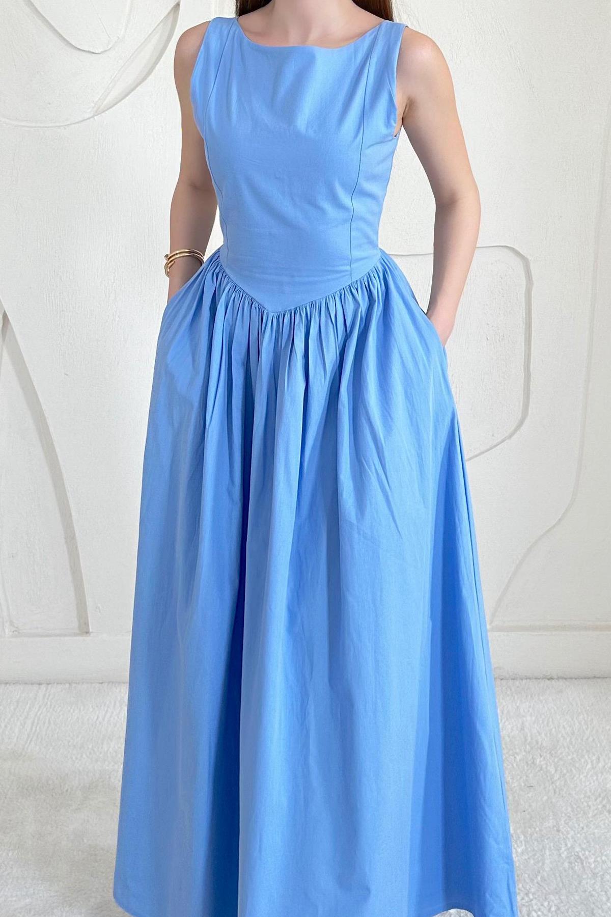 Mavi Bel Büzgülü Uzun Elbise