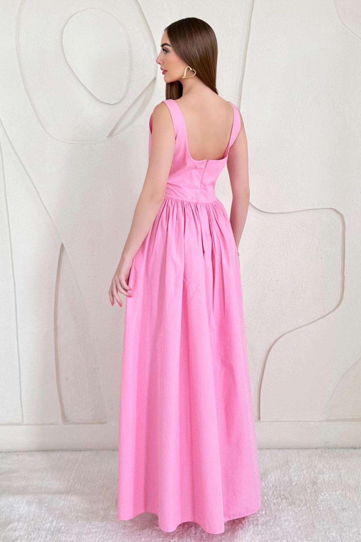 Pembe Bel Büzgülü Uzun Elbise