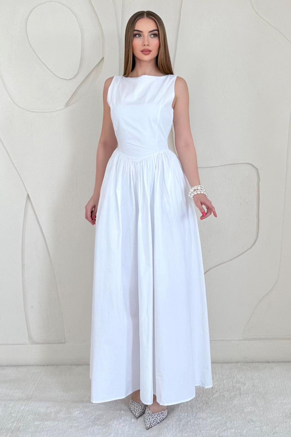 Beyaz Bel Büzgülü Uzun Elbise