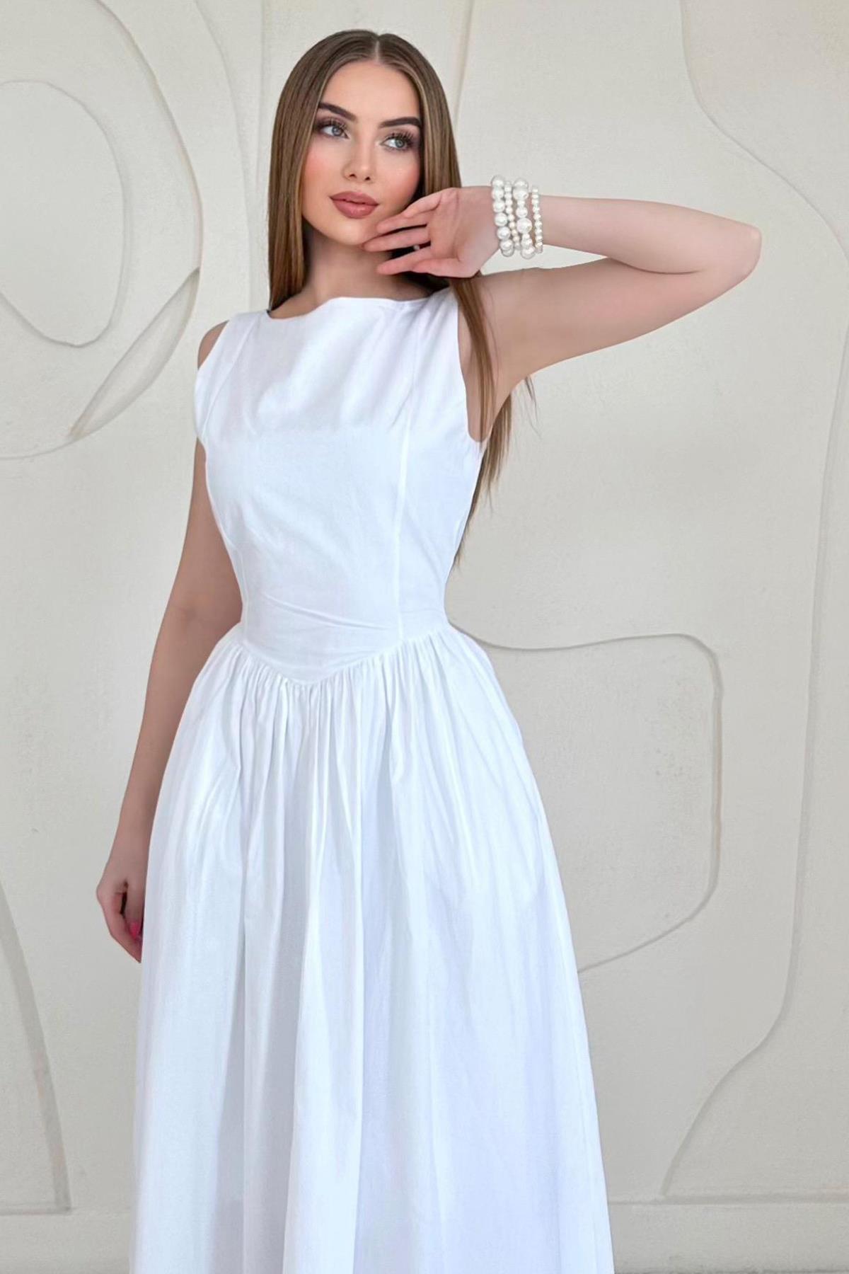 Beyaz Bel Büzgülü Uzun Elbise