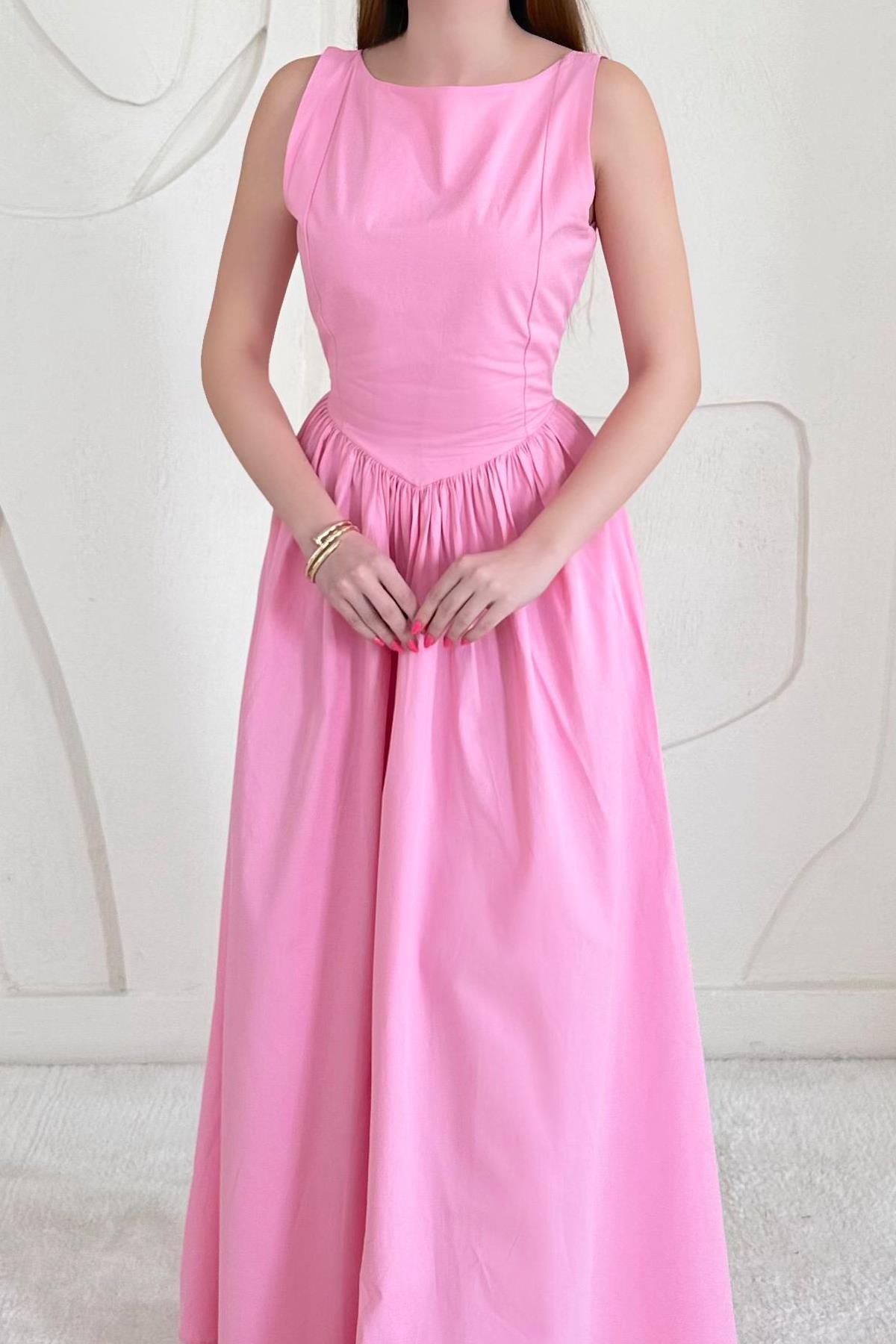 Pembe Bel Büzgülü Uzun Elbise