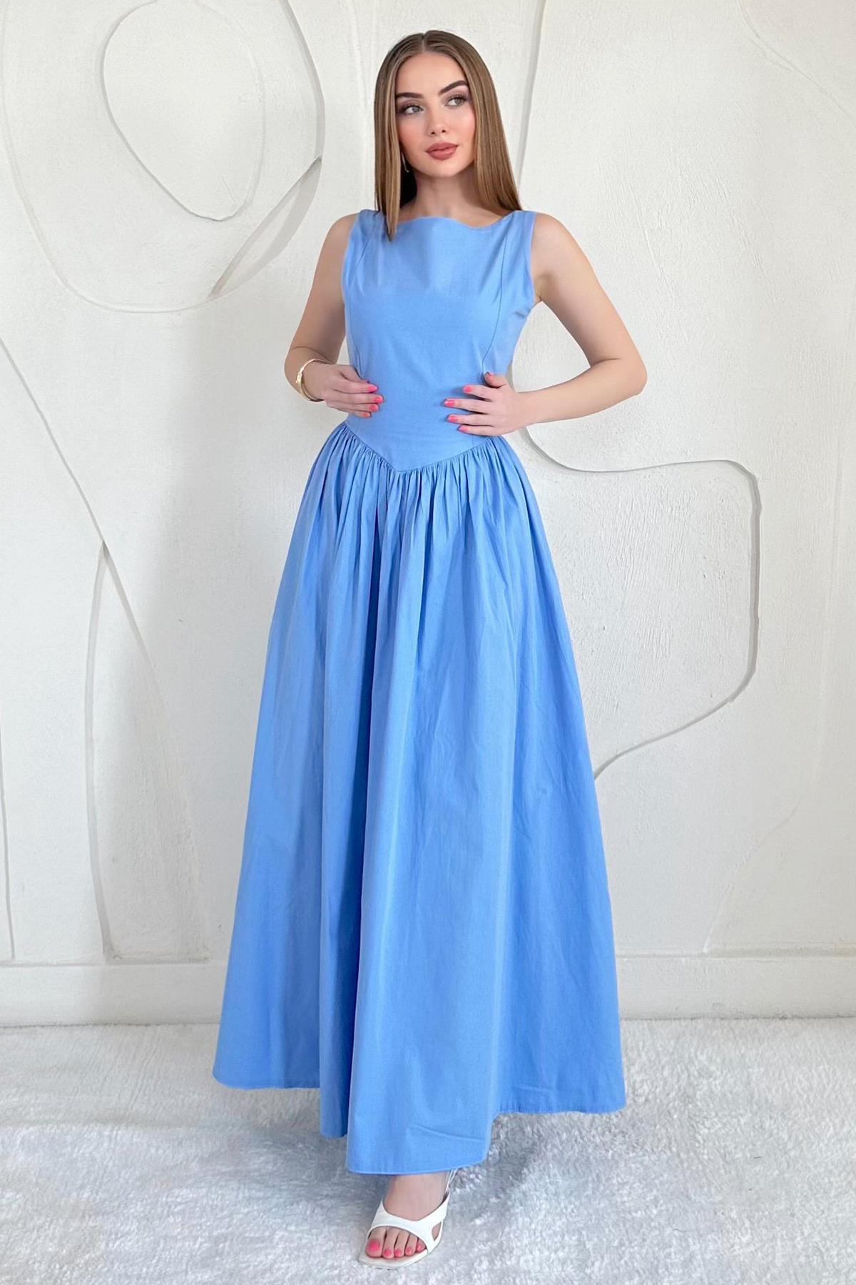 Mavi Bel Büzgülü Uzun Elbise
