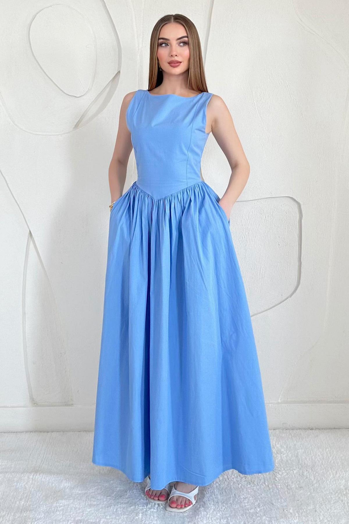 Mavi Bel Büzgülü Uzun Elbise