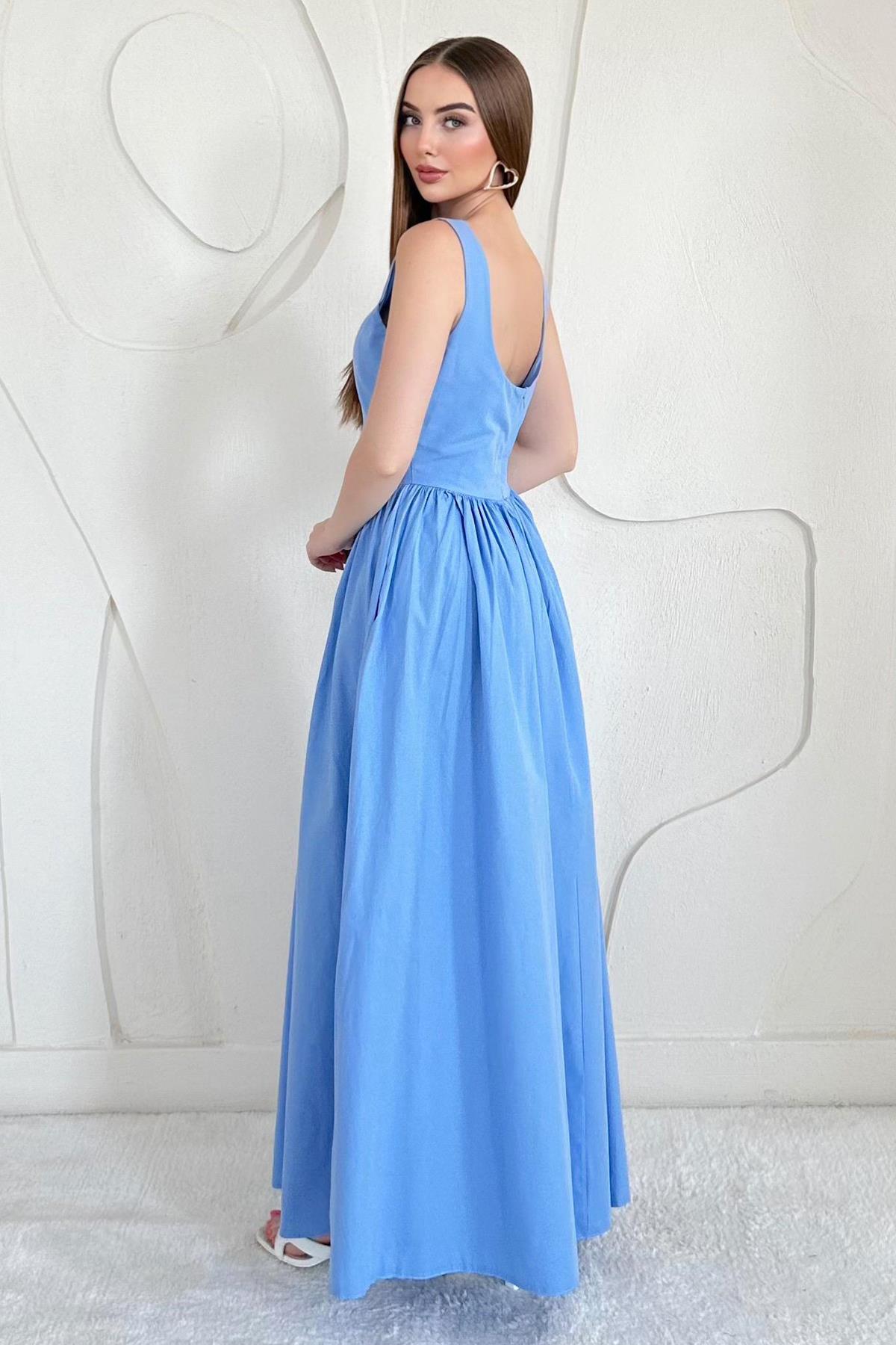 Mavi Bel Büzgülü Uzun Elbise