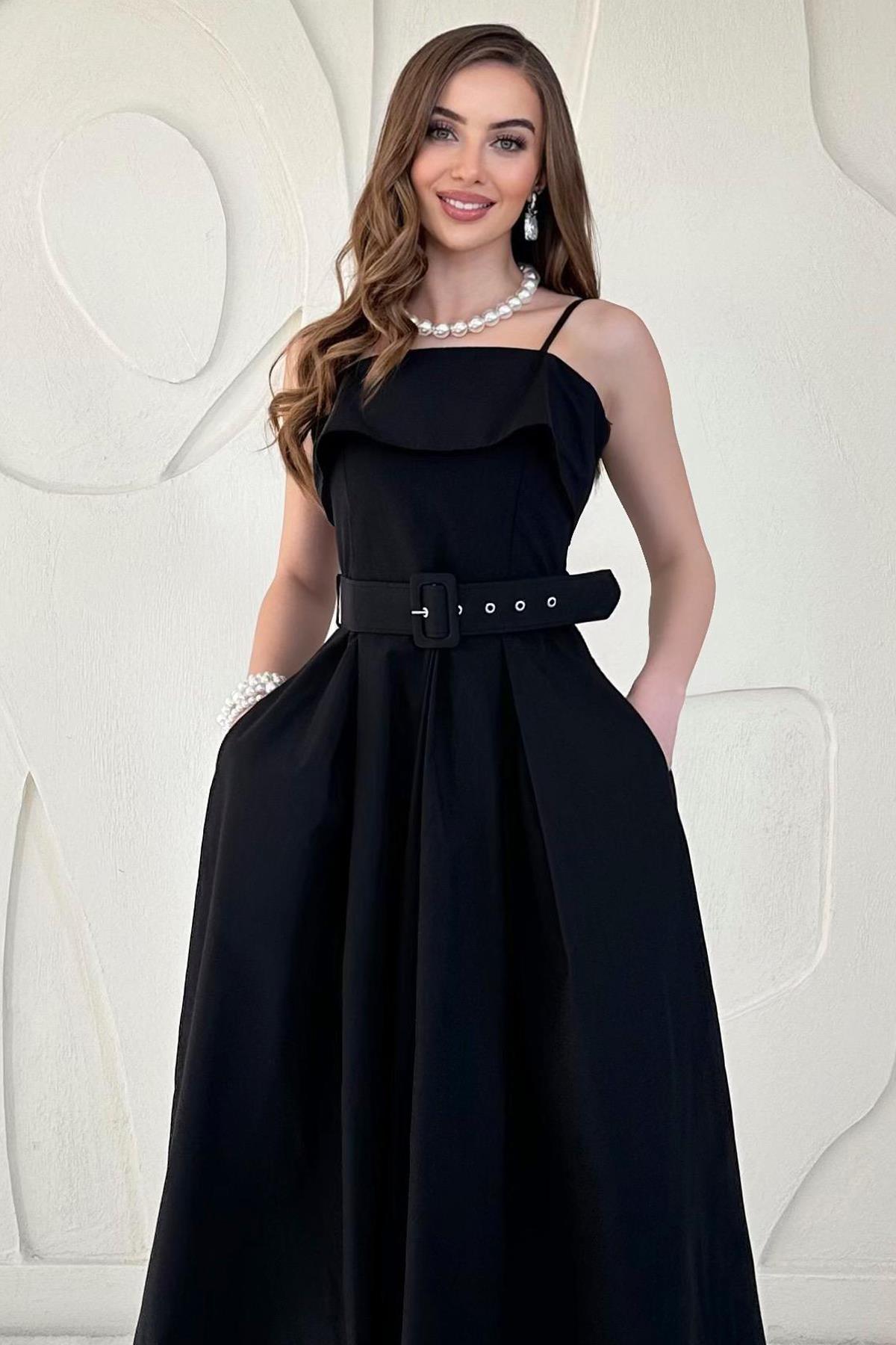 Siyah Beli Kemerli Askılı Pileli Elbise