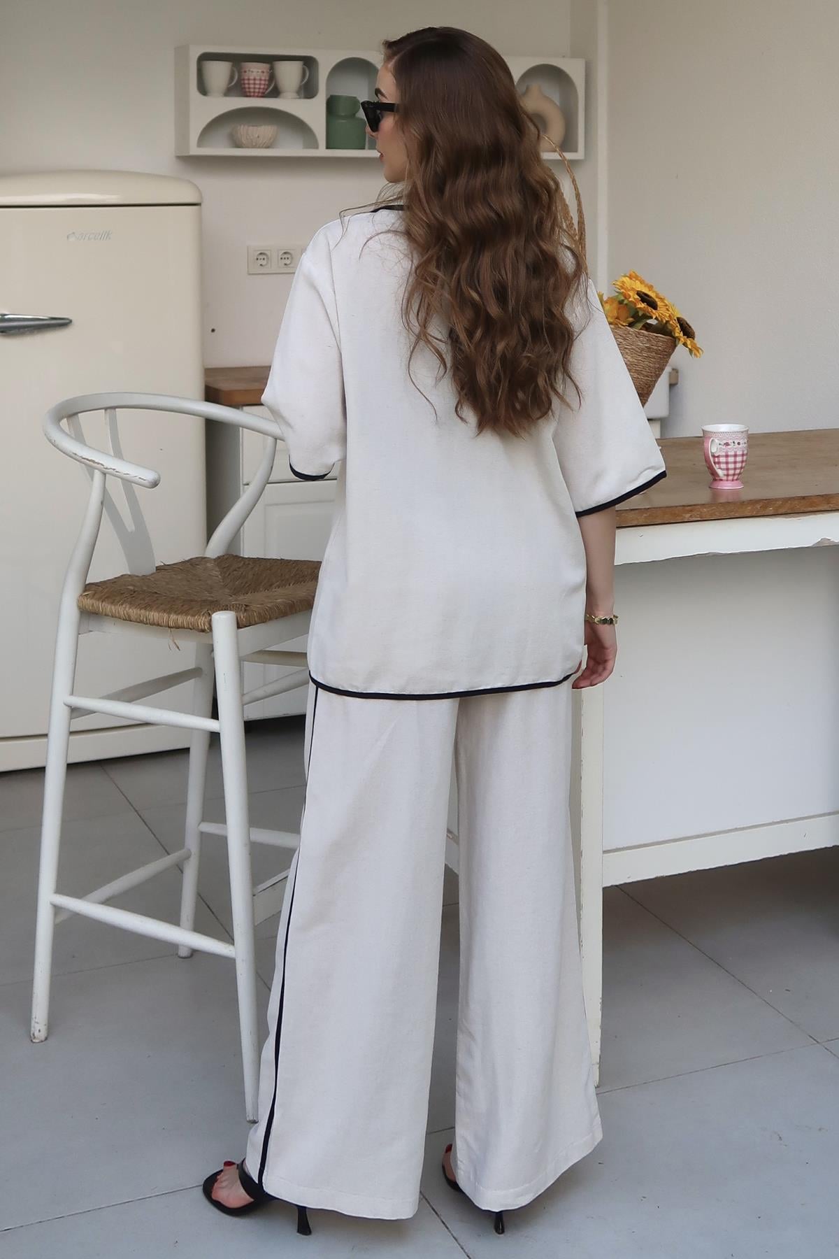Bej Biye Detaylı Keten İkili Takım