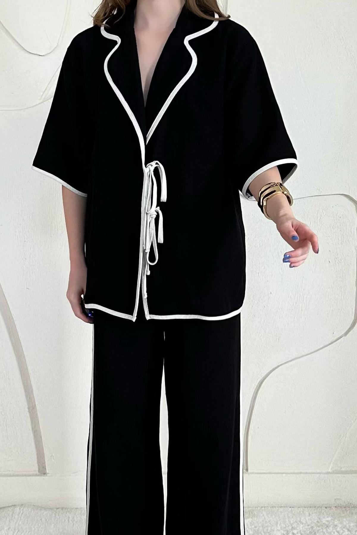 Linen Two-Piece Suit with Piping Detail