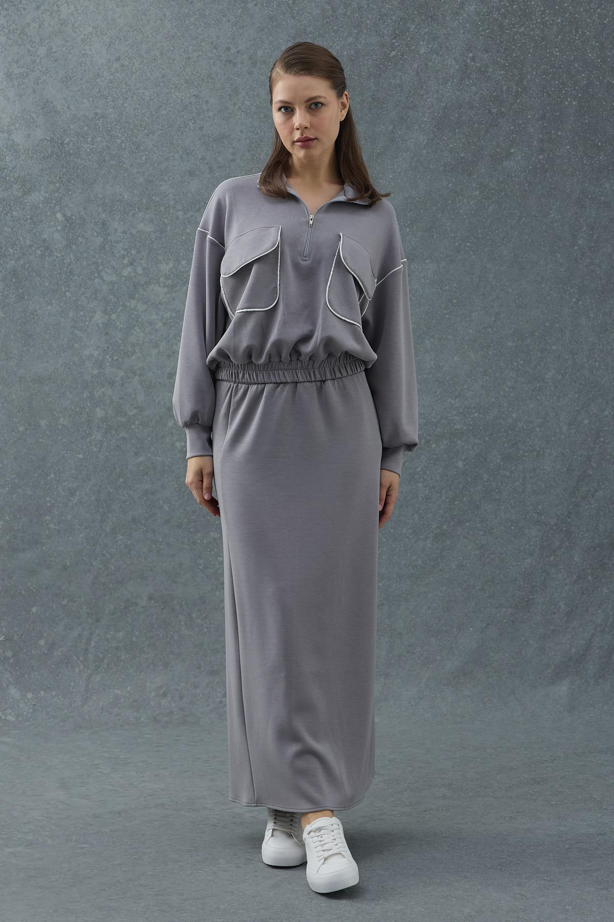 Füme Biyeli Sweatshirt ve Etek Takım