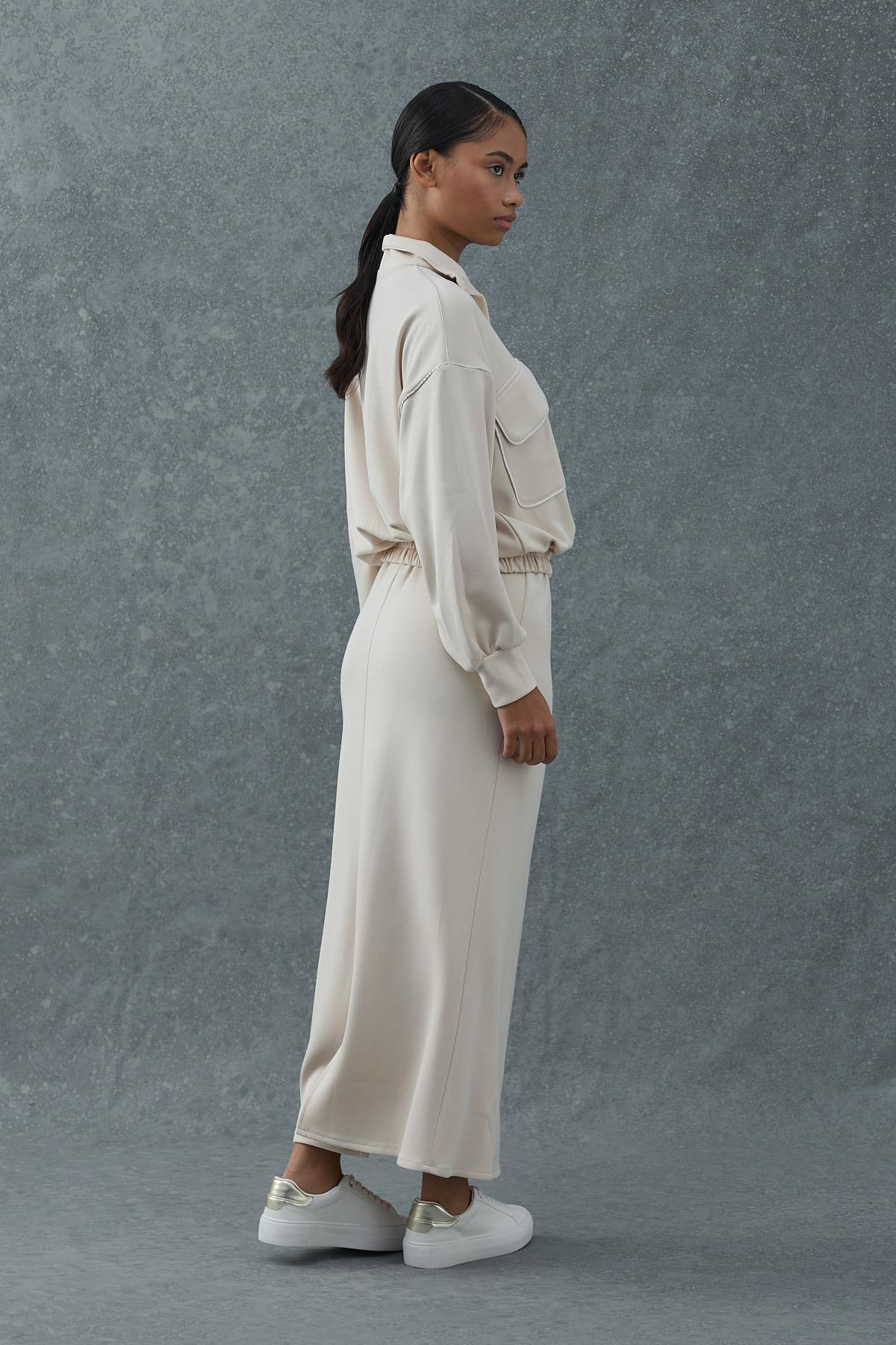 Bej Biyeli Sweatshirt ve Etek Takım