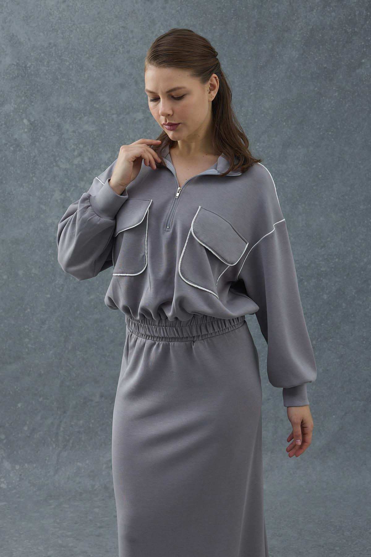 Füme Biyeli Sweatshirt ve Etek Takım