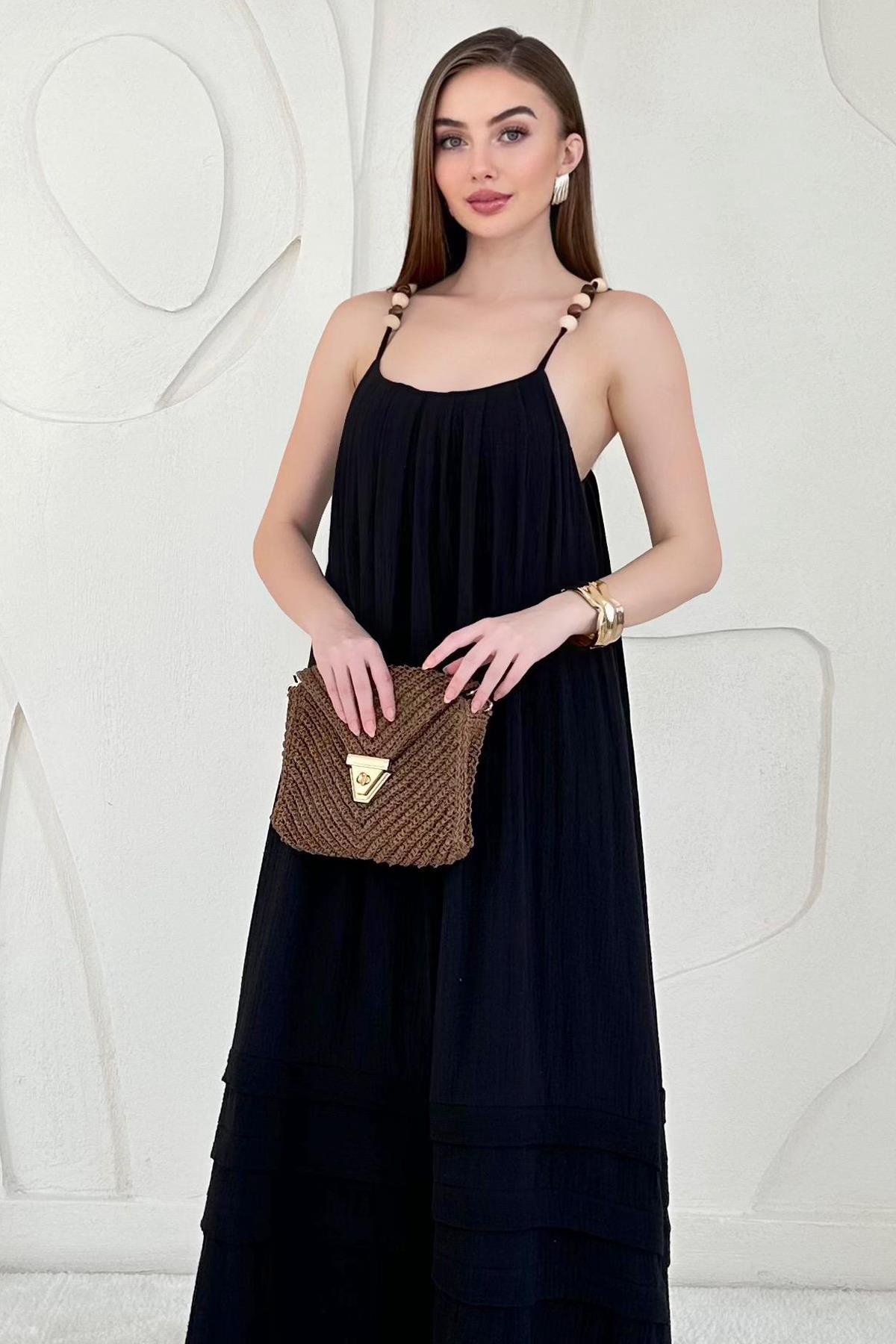 Siyah Boncuk Askılı Uzun Müslin Elbise