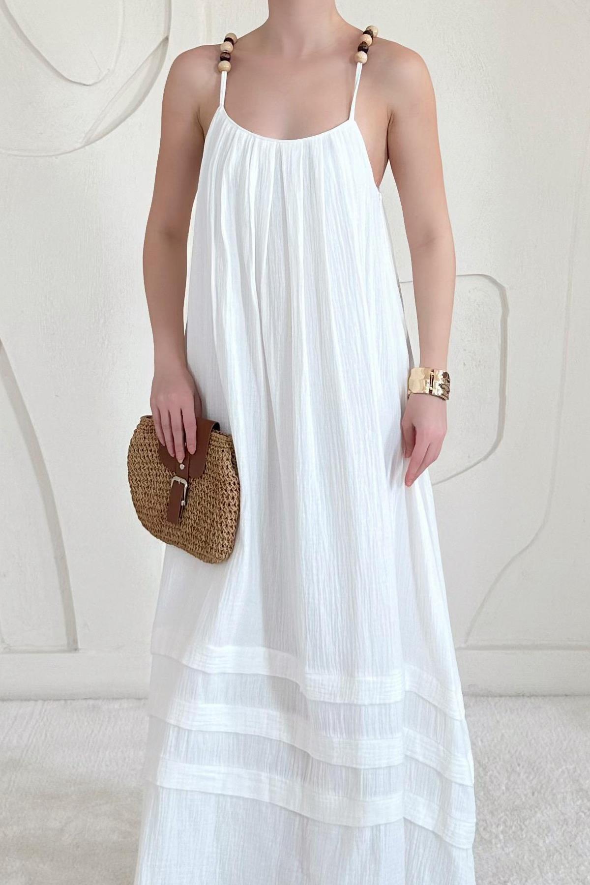 Ekru Boncuk Askılı Uzun Müslin Elbise