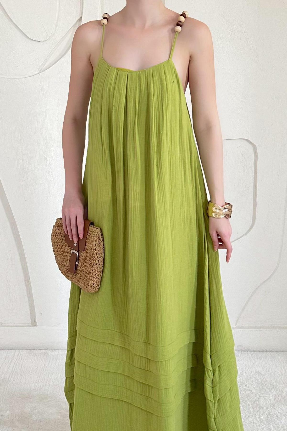 Yağ Yeşili Boncuk Askılı Uzun Müslin Elbise