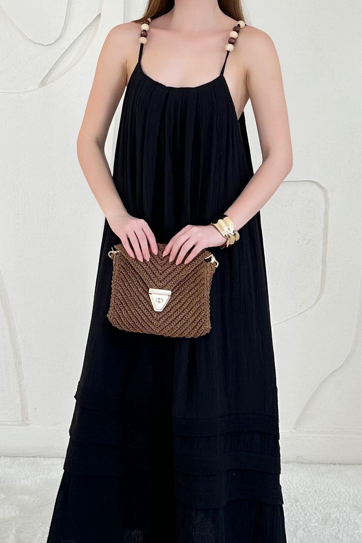 Siyah Boncuk Askılı Uzun Müslin Elbise