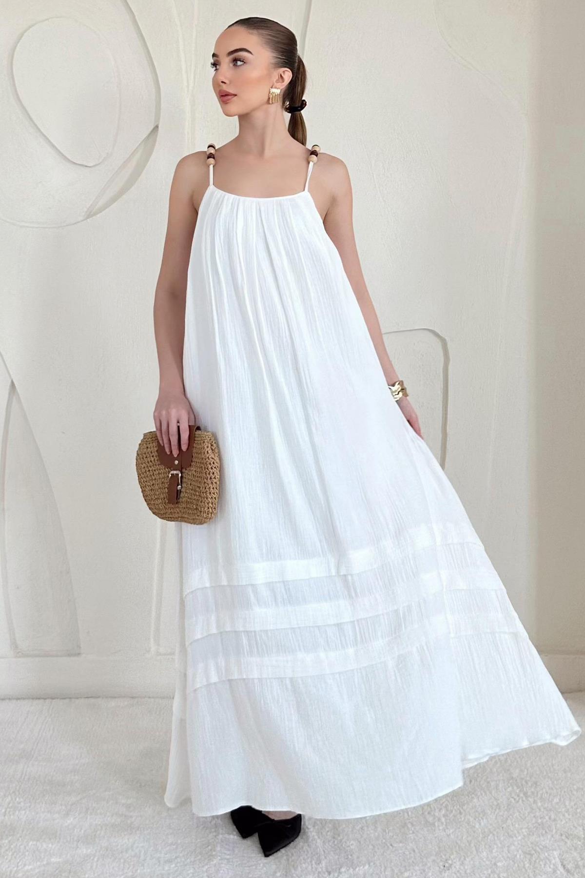 Ekru Boncuk Askılı Uzun Müslin Elbise