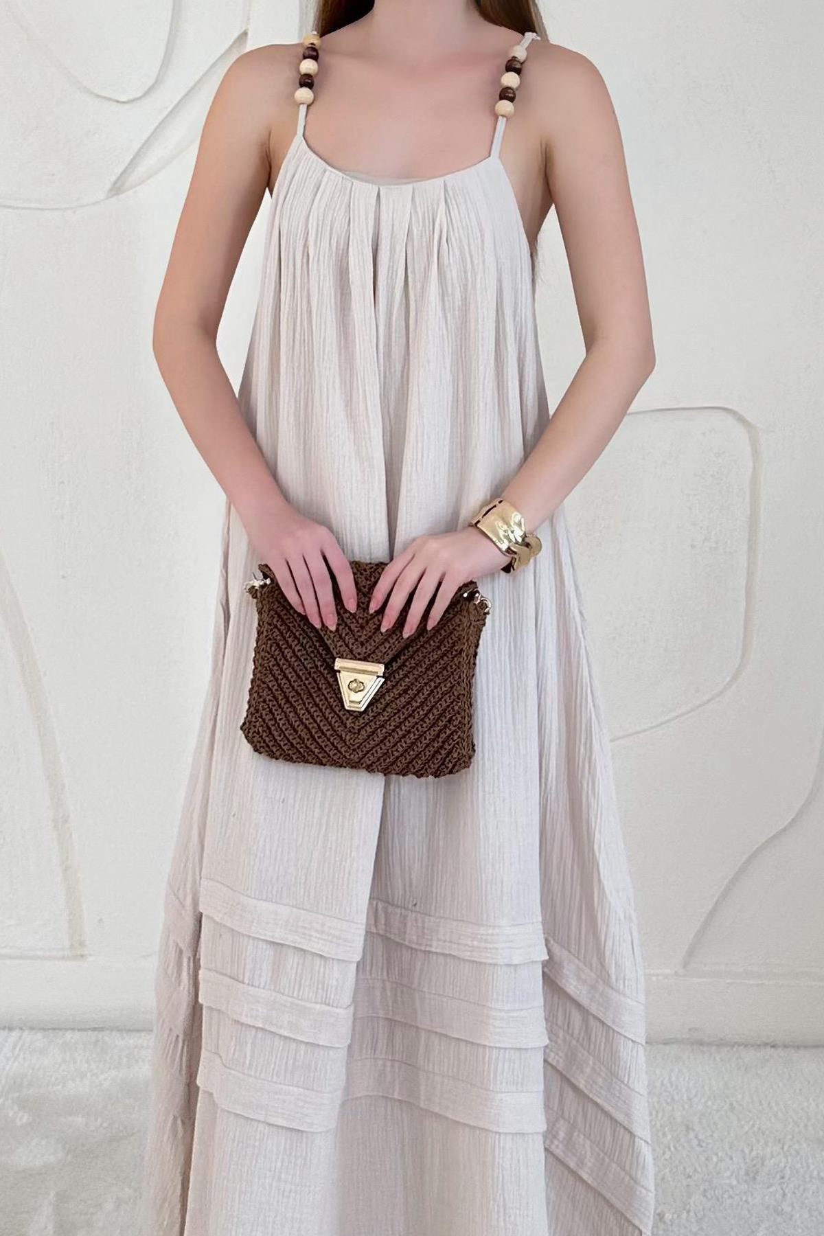 Bej Boncuk Askılı Uzun Müslin Elbise