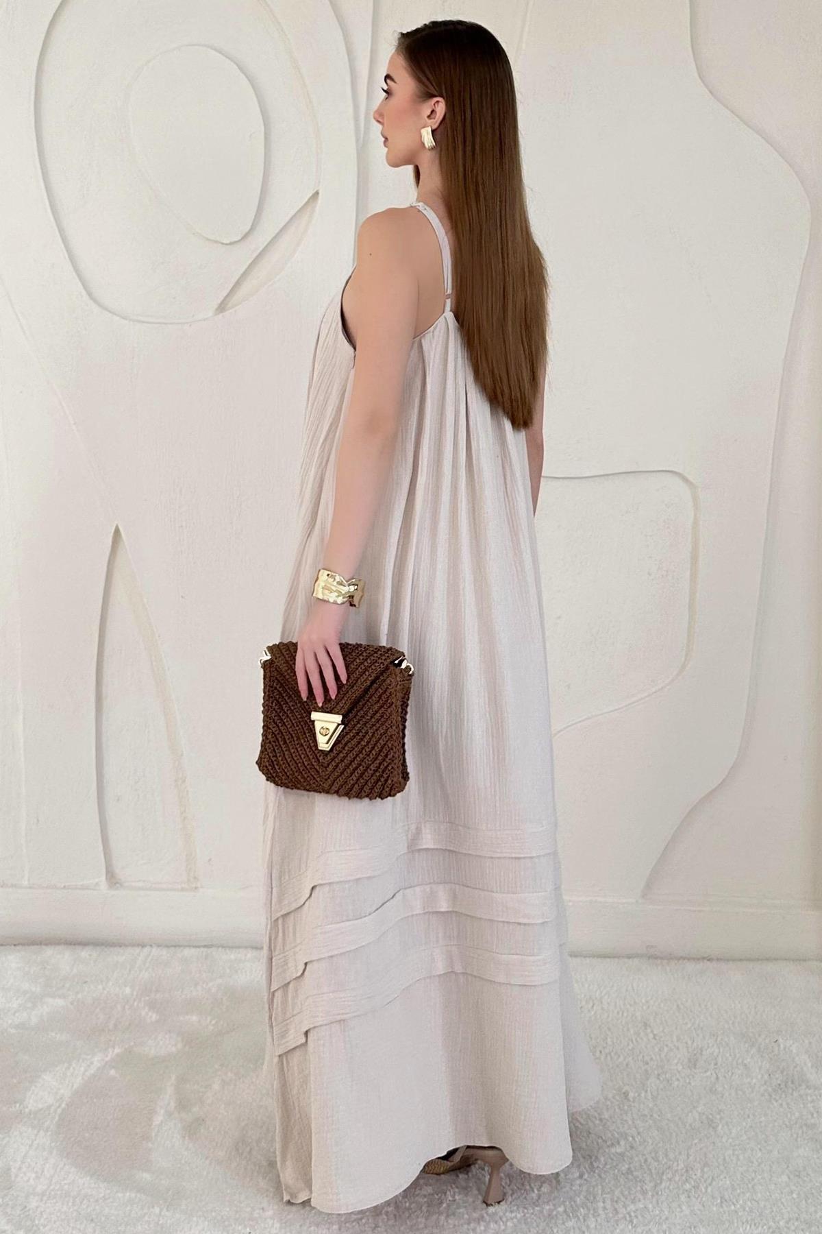 Bej Boncuk Askılı Uzun Müslin Elbise