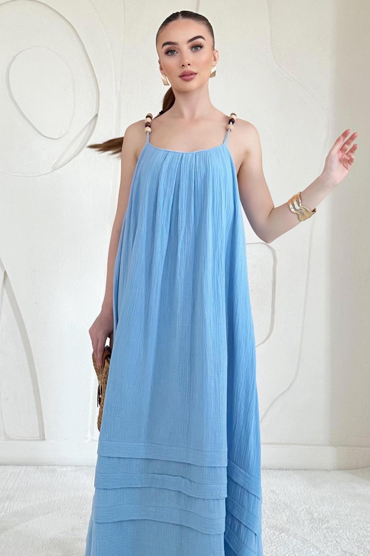 Bebe Mavi Boncuk Askılı Uzun Müslin Elbise