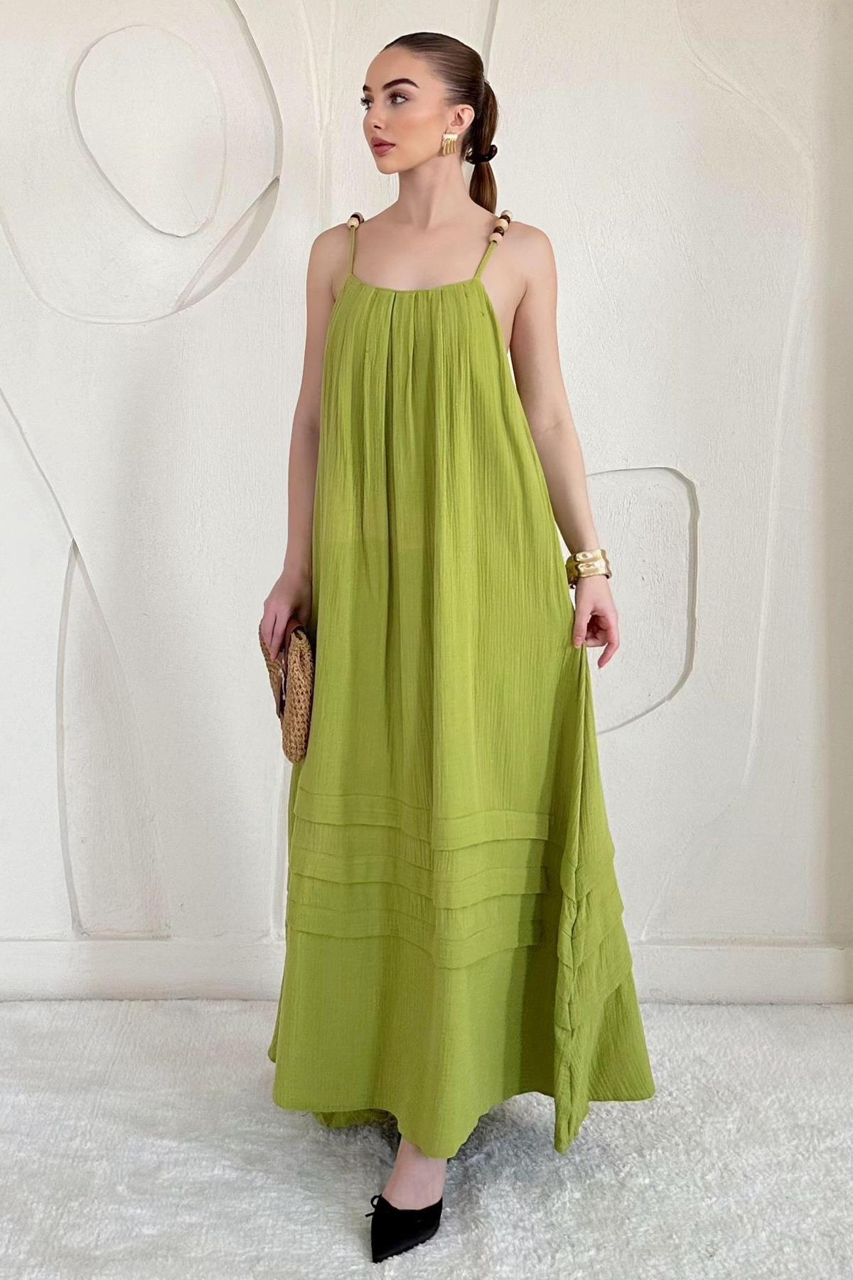 Yağ Yeşili Boncuk Askılı Uzun Müslin Elbise
