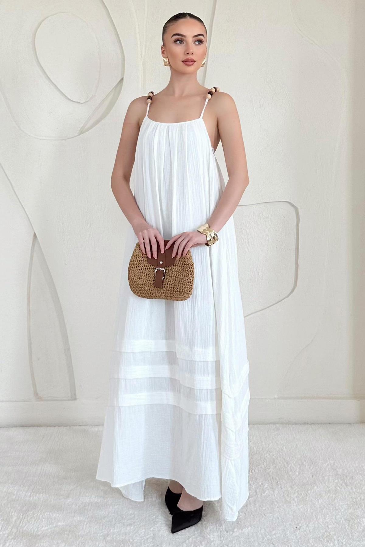 Ekru Boncuk Askılı Uzun Müslin Elbise