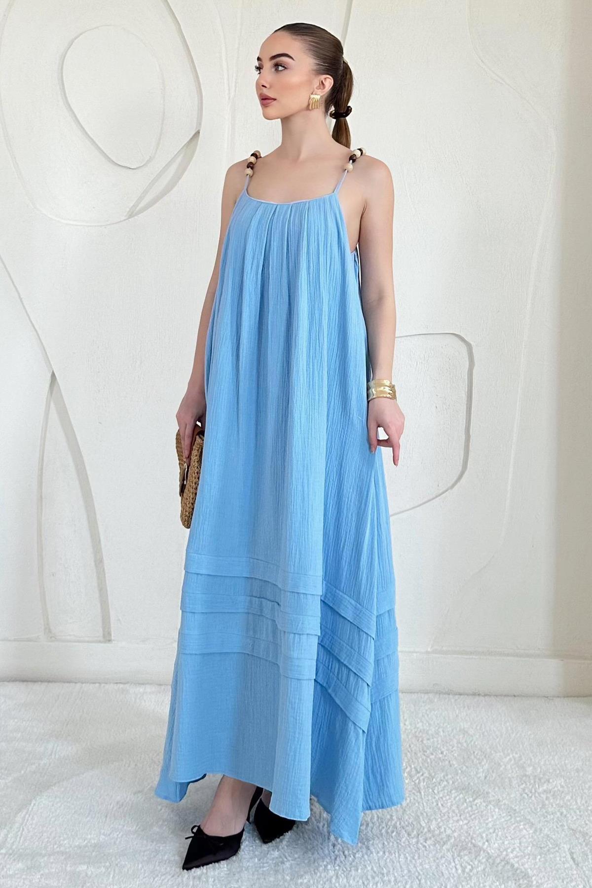 Bebe Mavi Boncuk Askılı Uzun Müslin Elbise