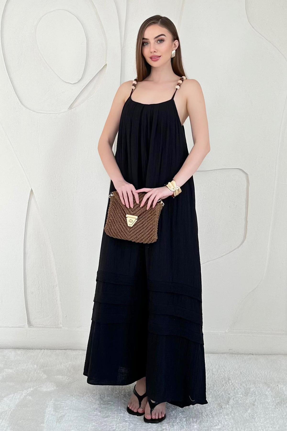 Siyah Boncuk Askılı Uzun Müslin Elbise