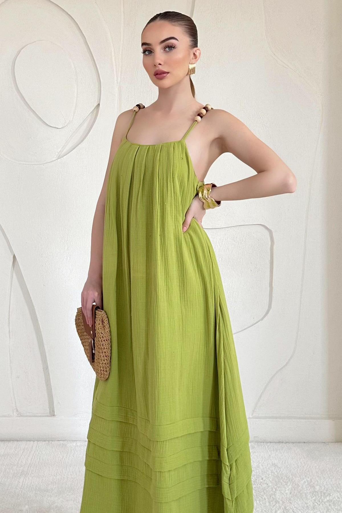 Yağ Yeşili Boncuk Askılı Uzun Müslin Elbise